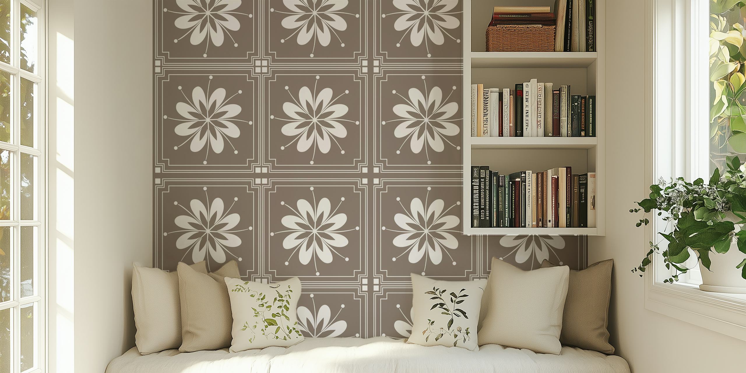 Talavera Taupe Beige Floral wallpaper in a room