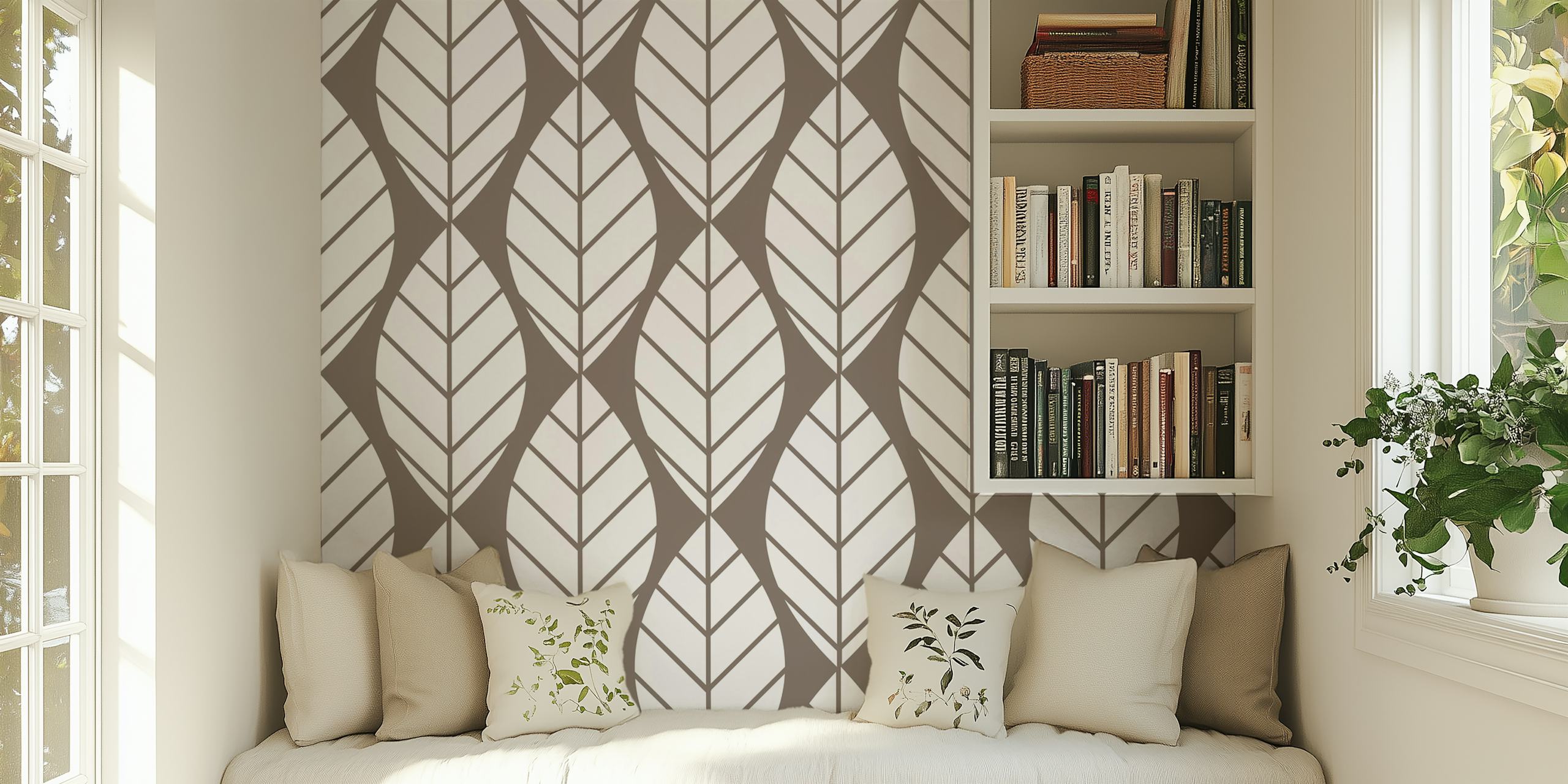 Retro mod Taupe White Leaves wallpaper design