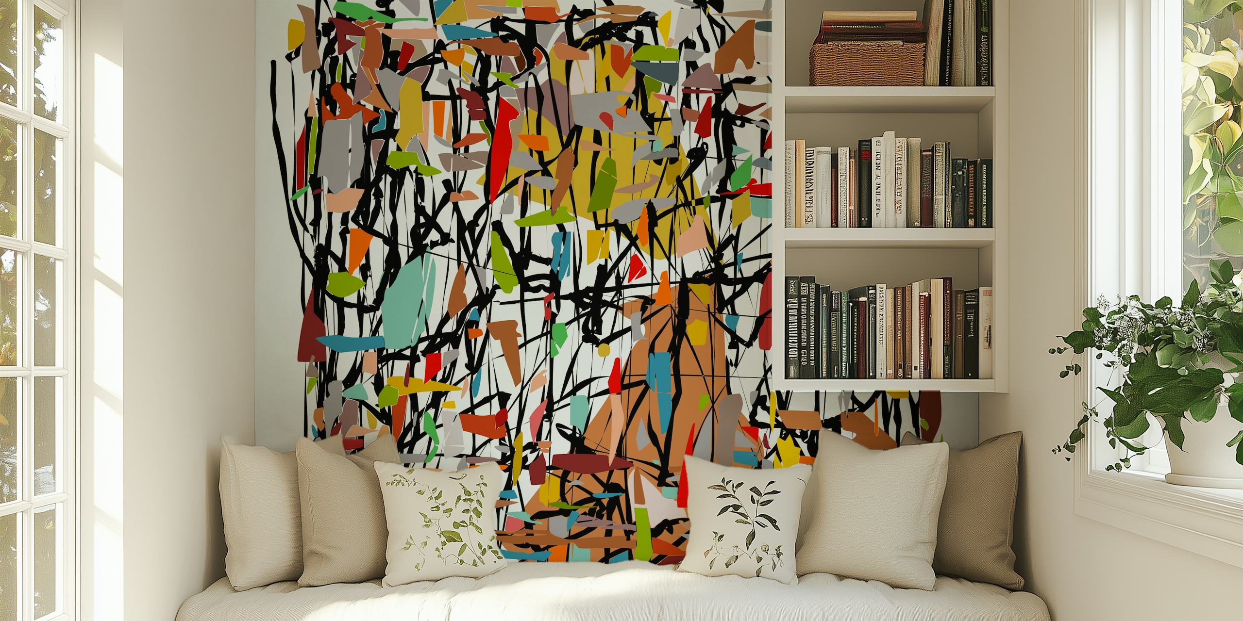 Colorful abstract patterns with black outlines and various colors wallpaper