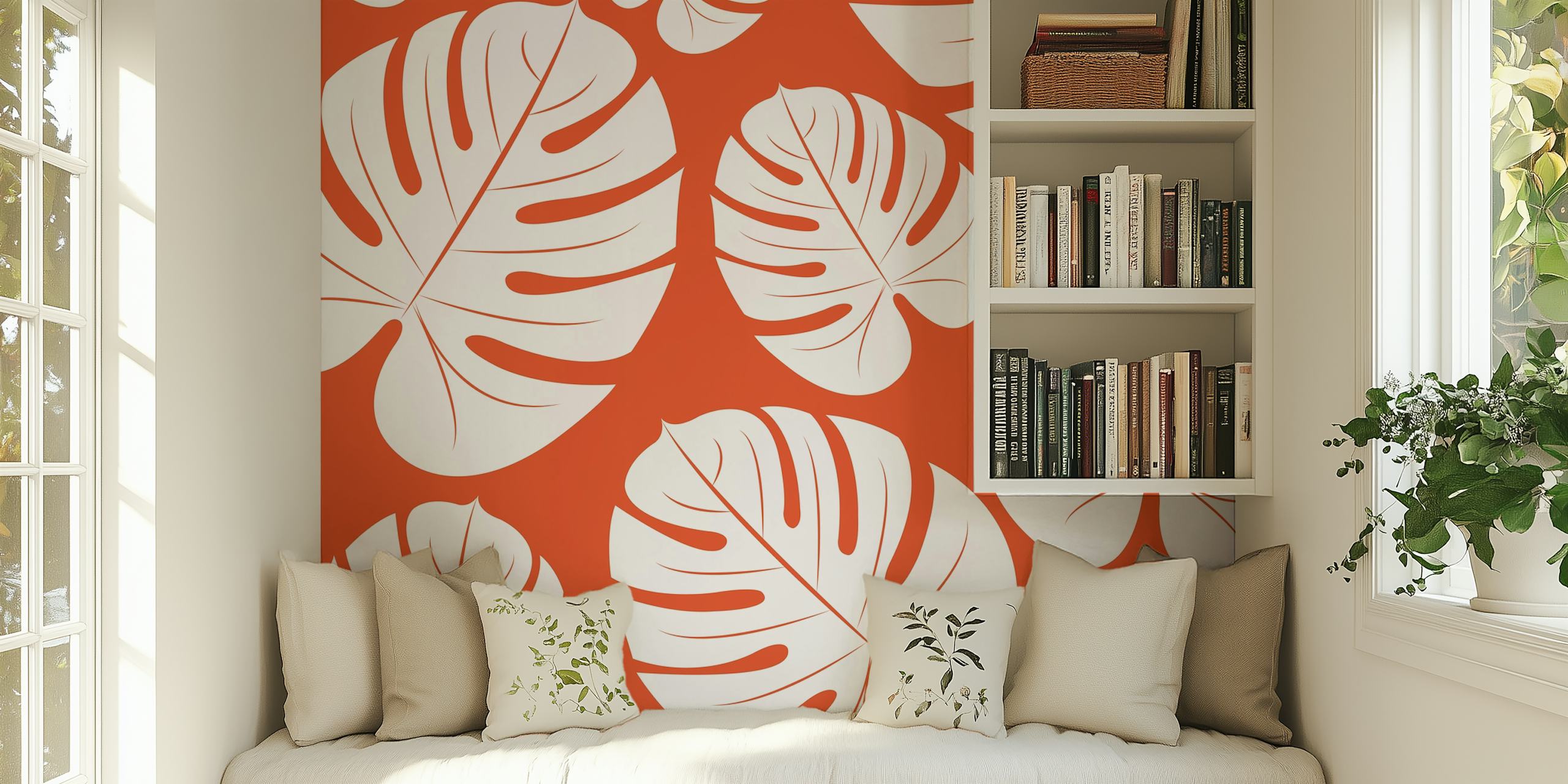 White palm leaf wallpaper on orange background