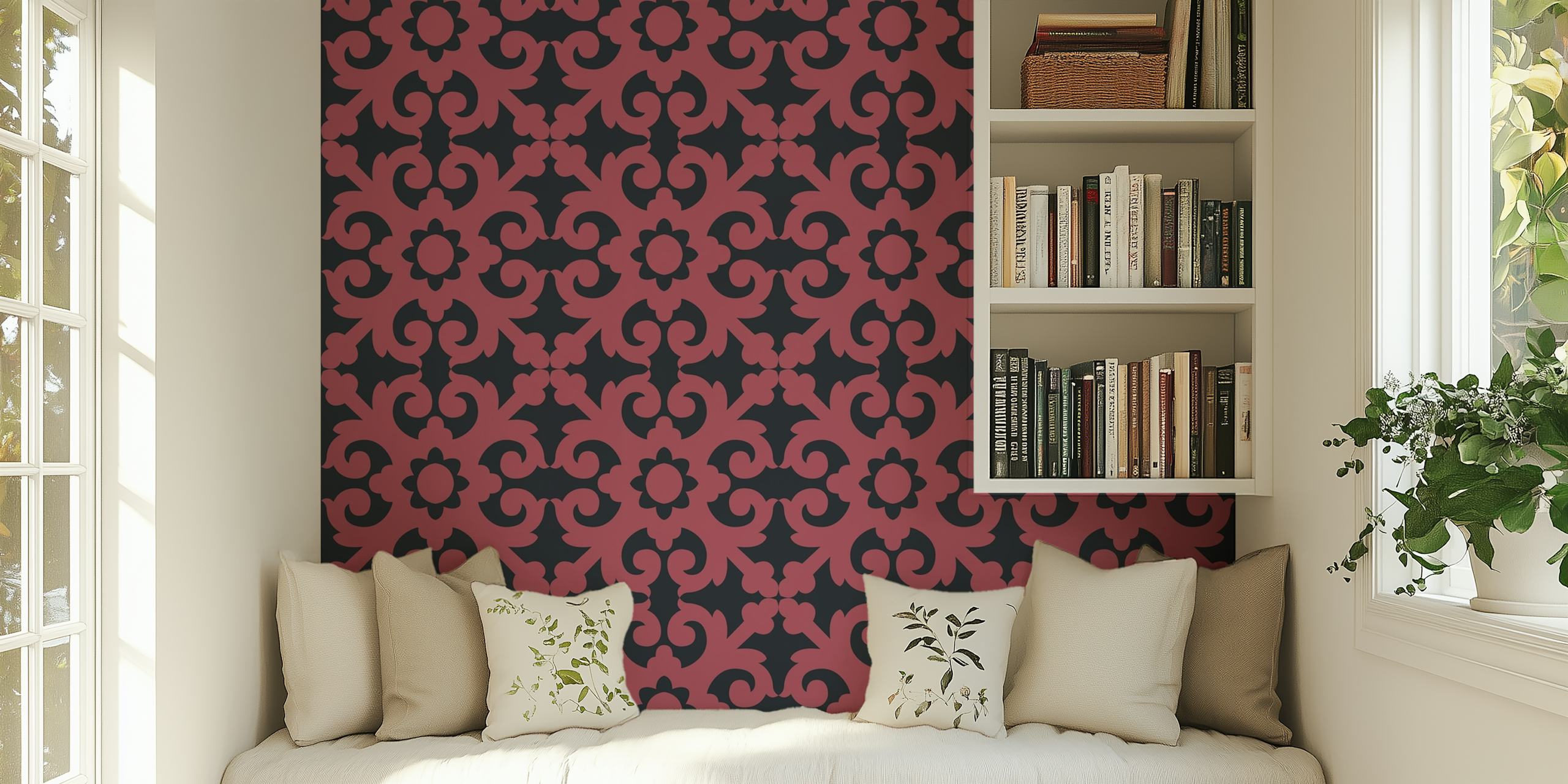 Papel pintado Oriental Ornament Marsala en una habitación