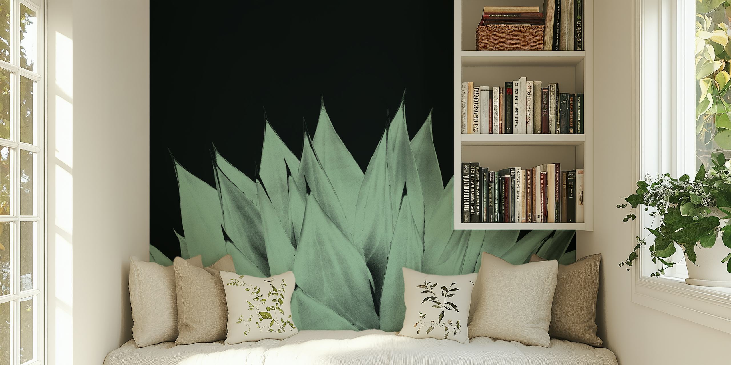 Agave plant silhouette against a dark background wall mural