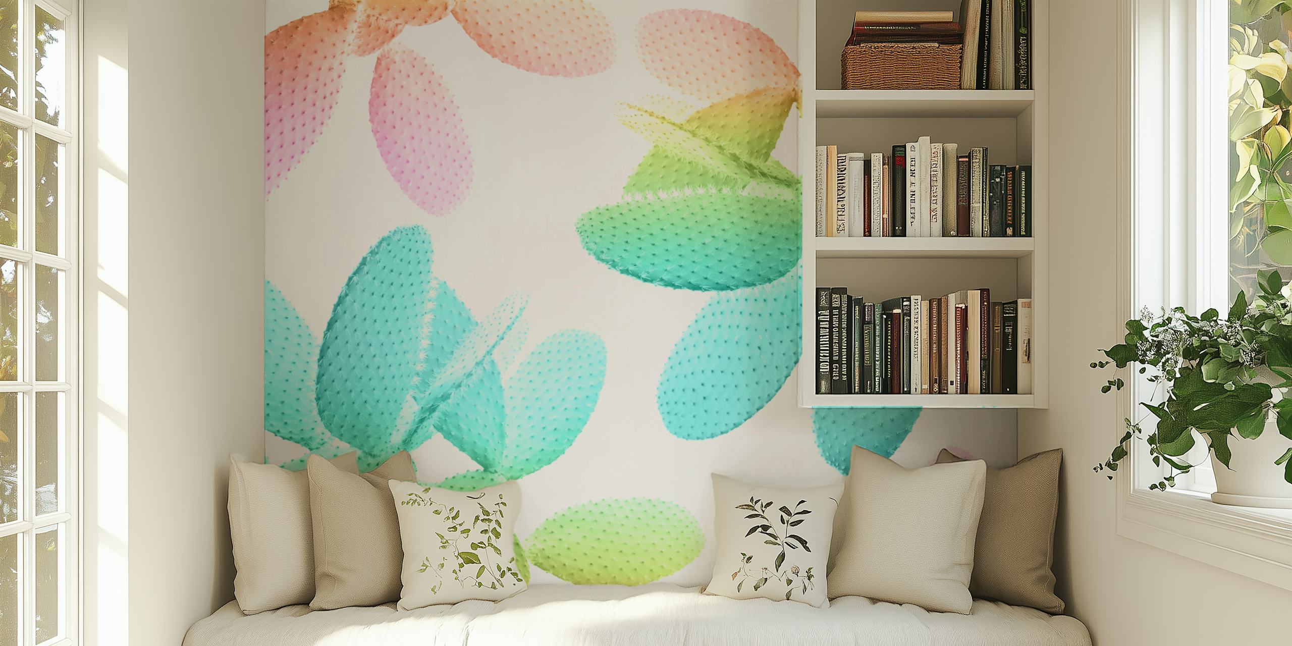 Colorful stylized cacti wall mural in pastel rainbow shades for home decor