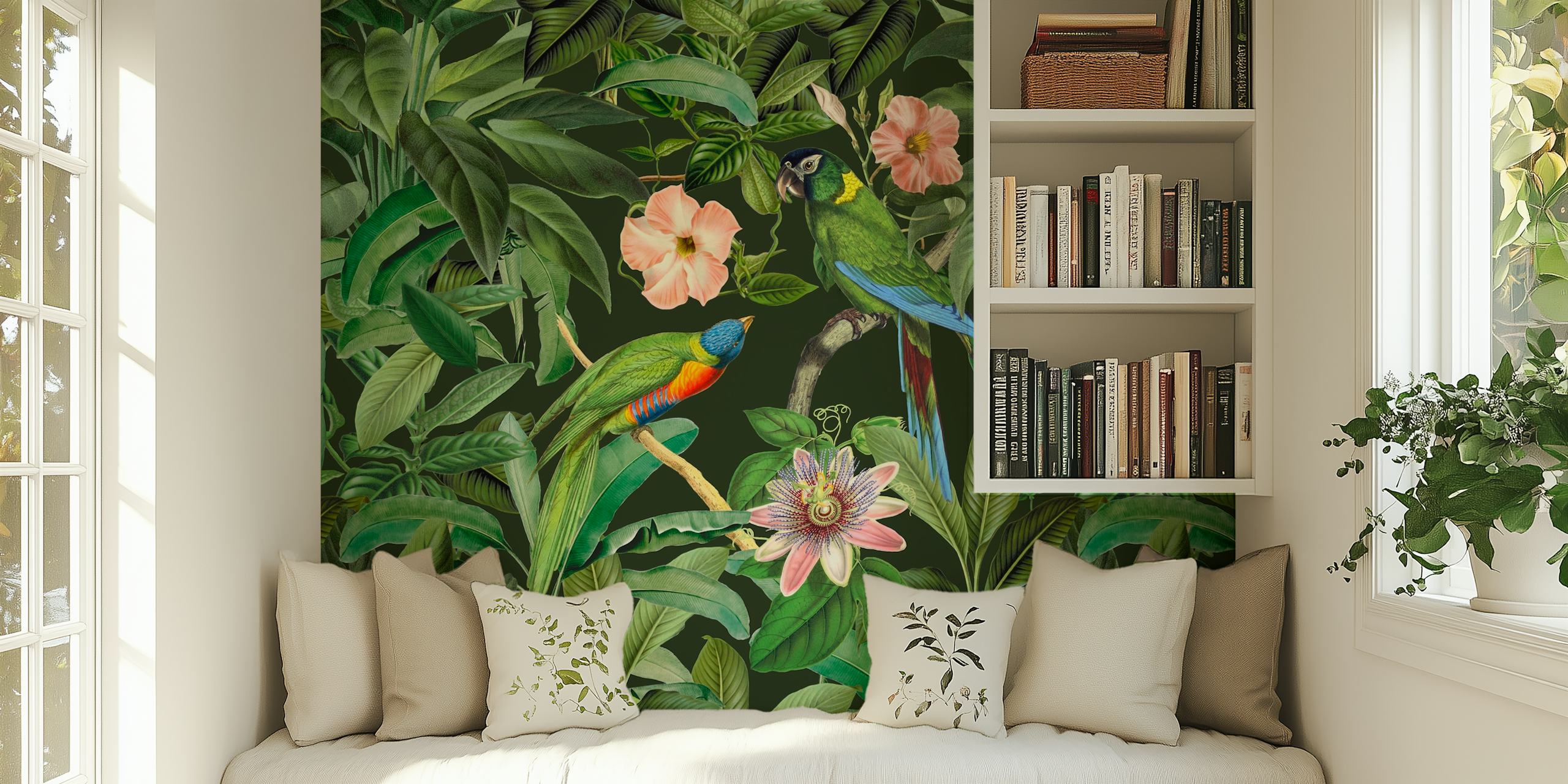 Green leaves, colorful birds, pink flowers tropical wallpaper