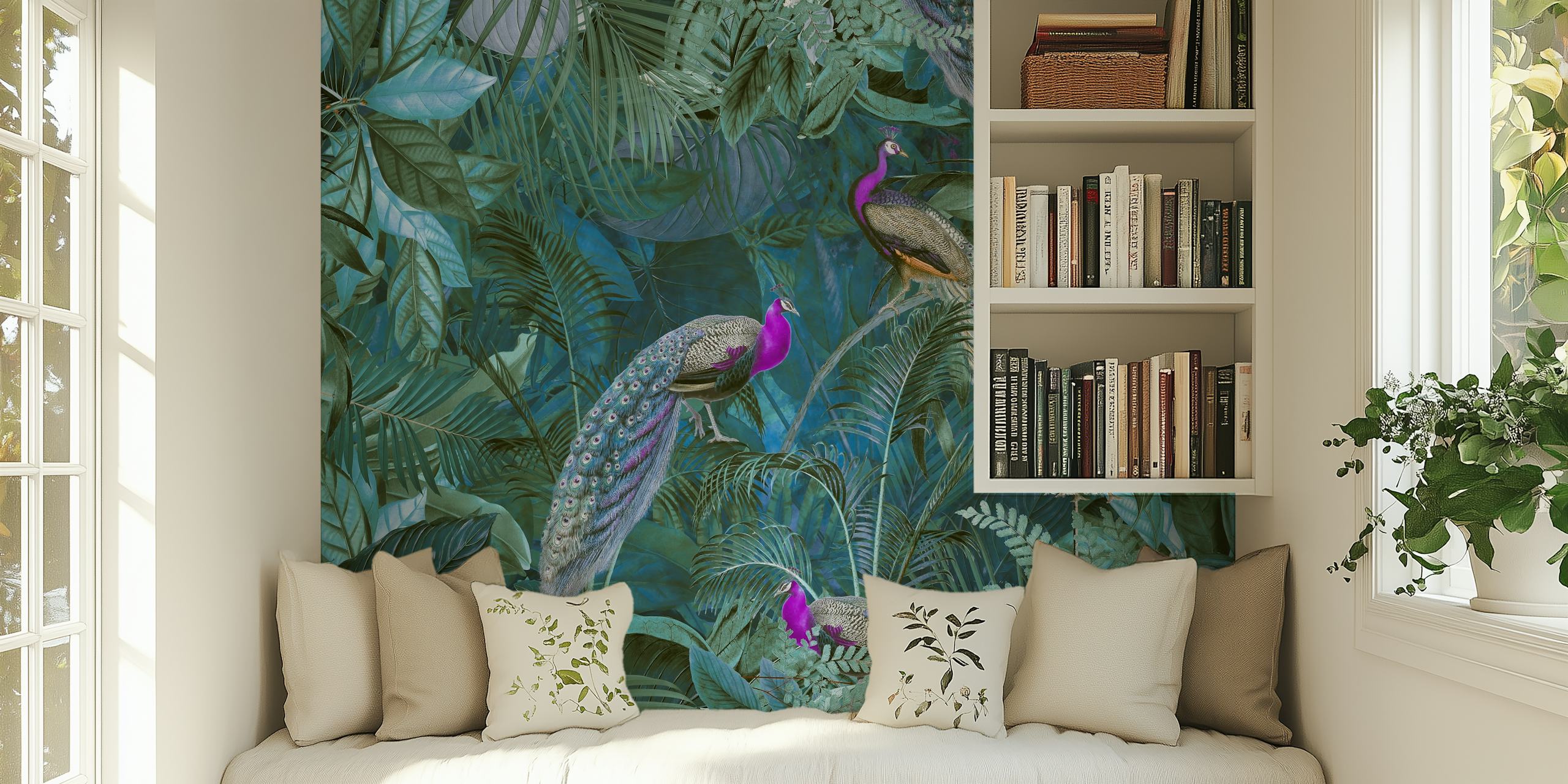 Tropical peacock wallpaper featuring lush green leaves and vibrant peacocks