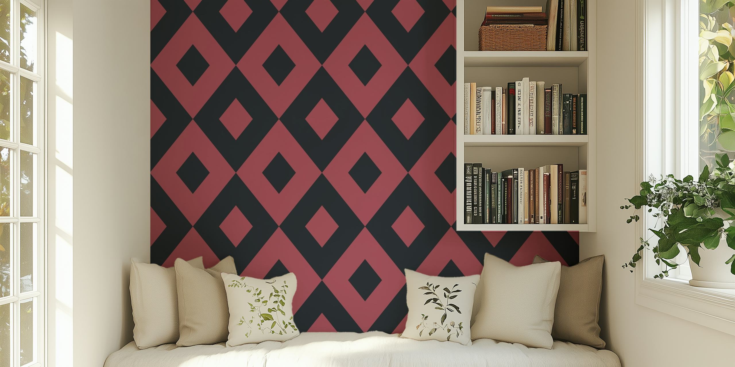 Geometric pattern with black and marsala red diamonds wallpaper