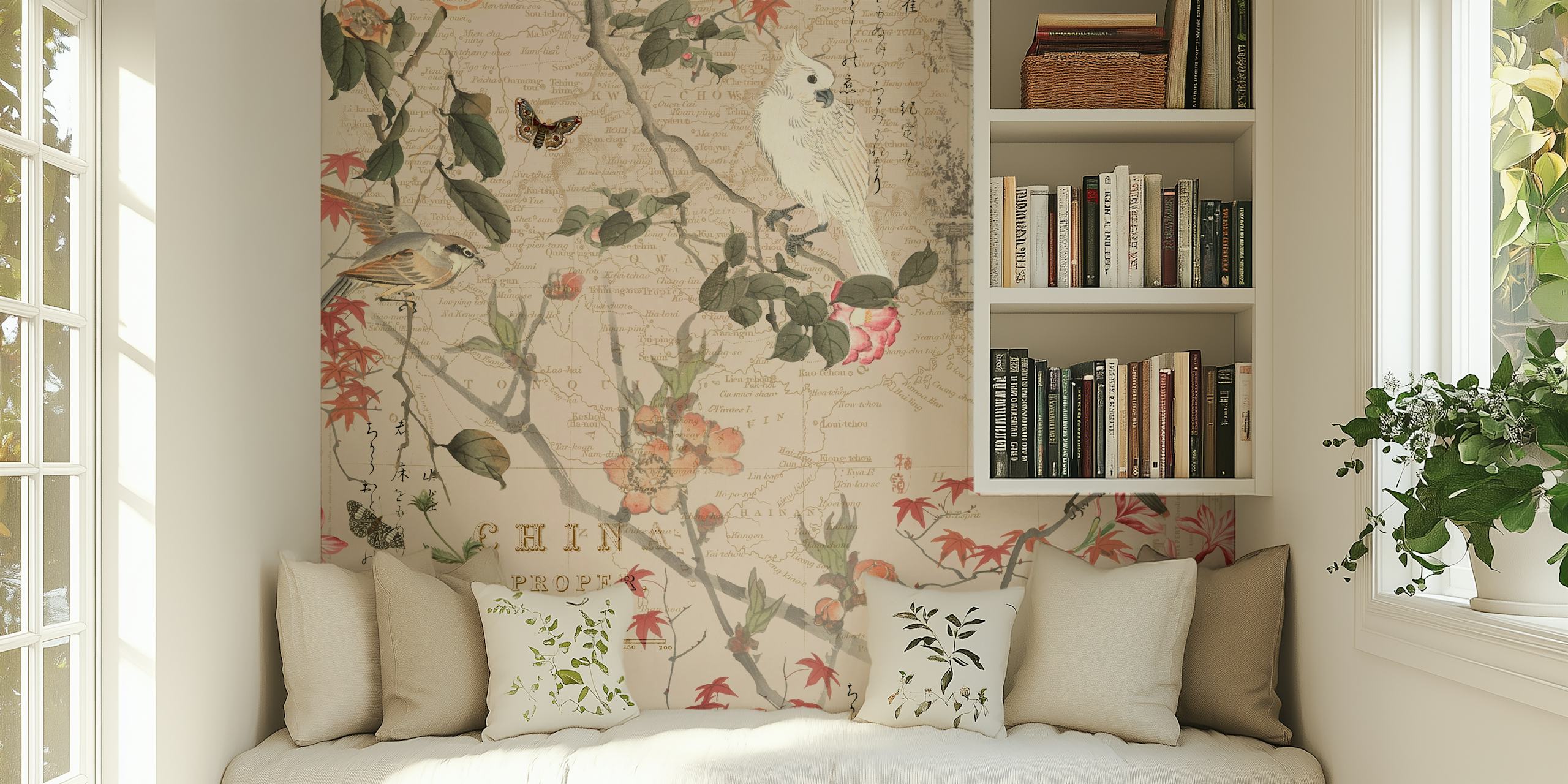 Papel de parede Chinoiserie Flower Cockatoo em uma sala