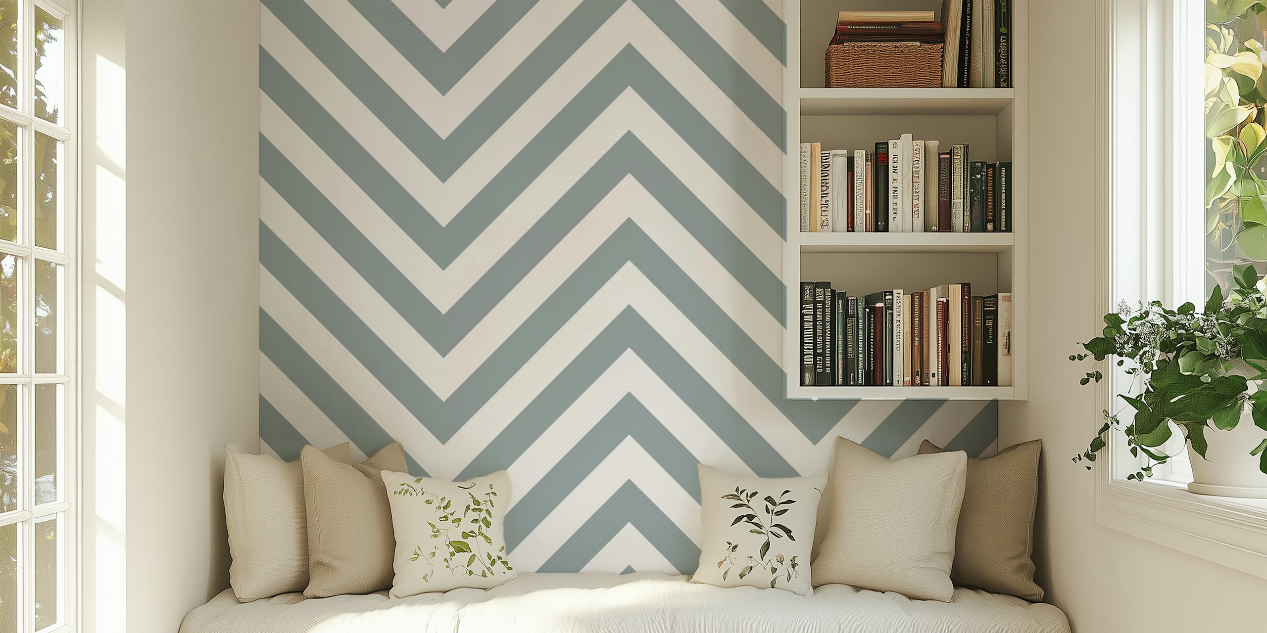 White and Duck Egg Blue Chevron Pattern Wall Mural