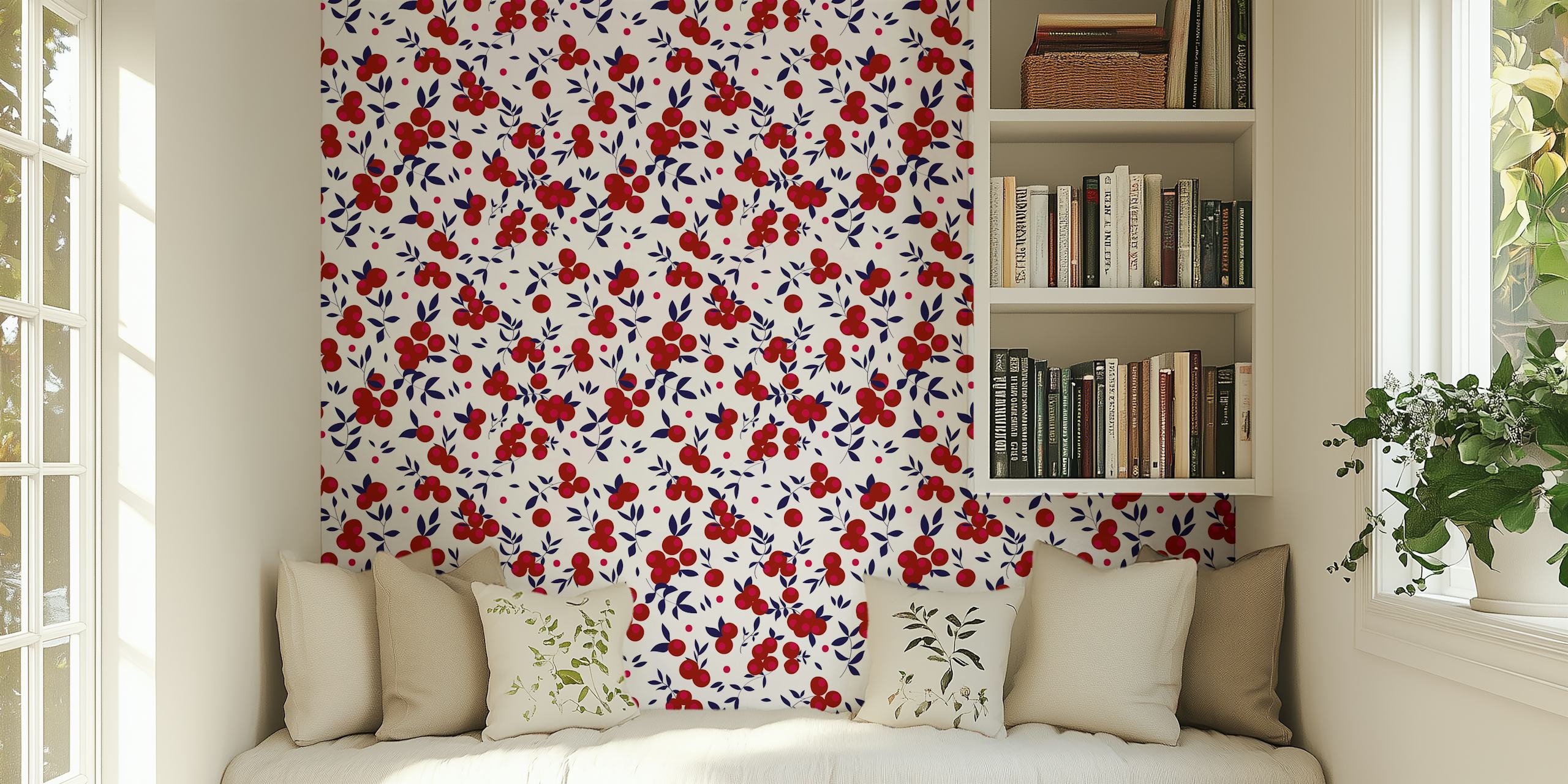 Red floral pattern on white background wallpaper