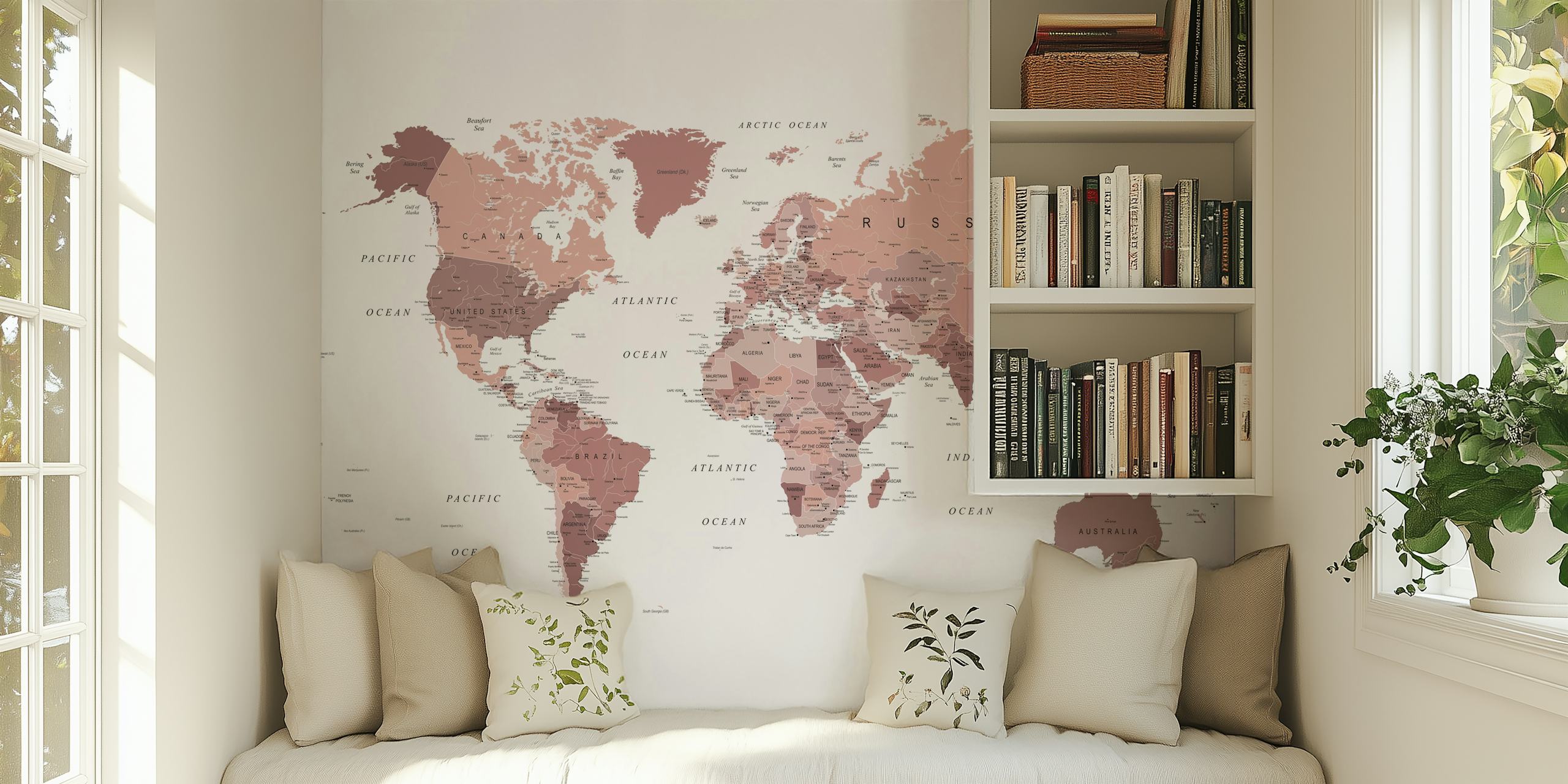 World map design in rose gold tones with country names, modern style wallpaper