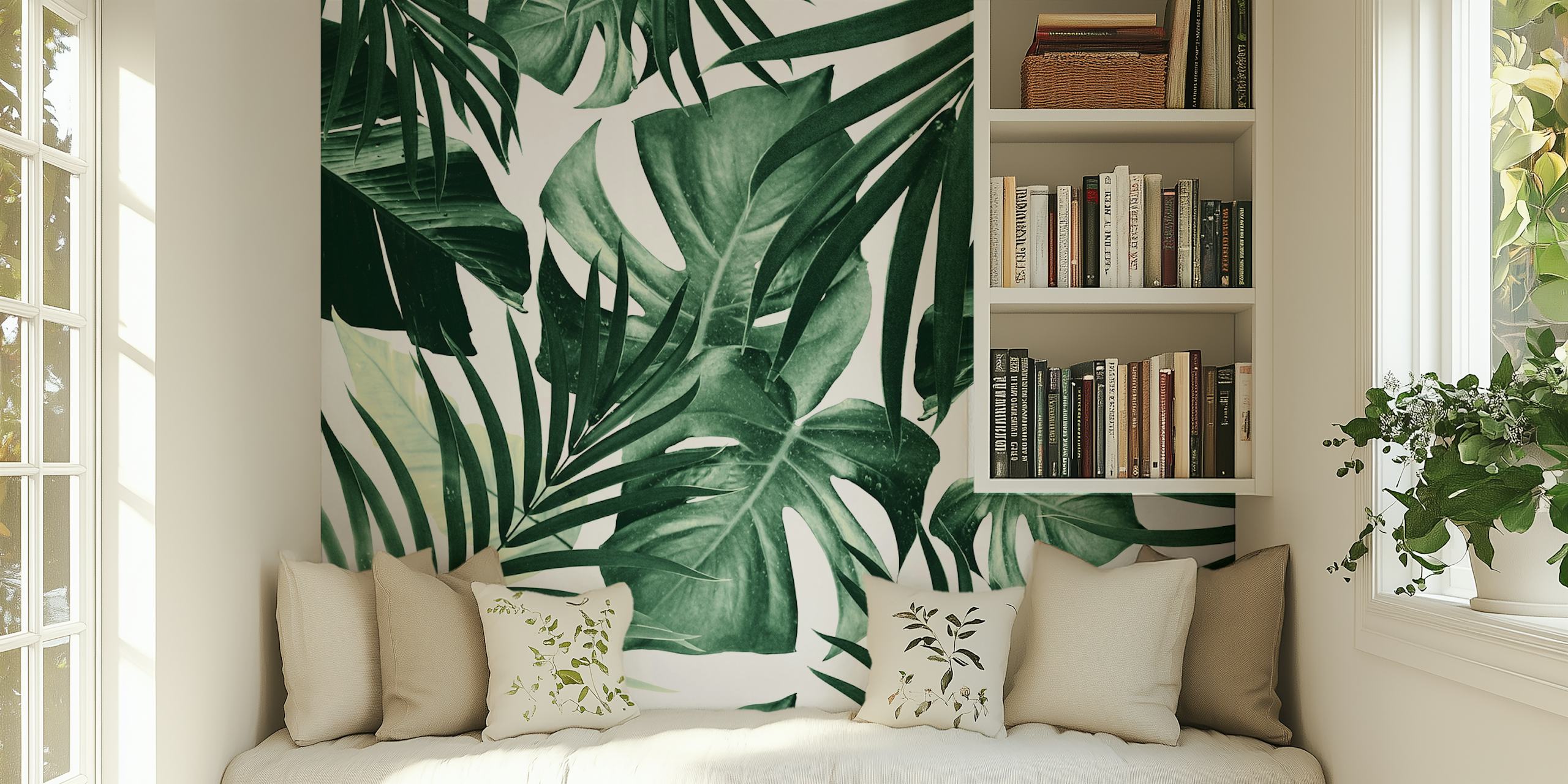 Tropical leaves in green shades on a white background wallpaper