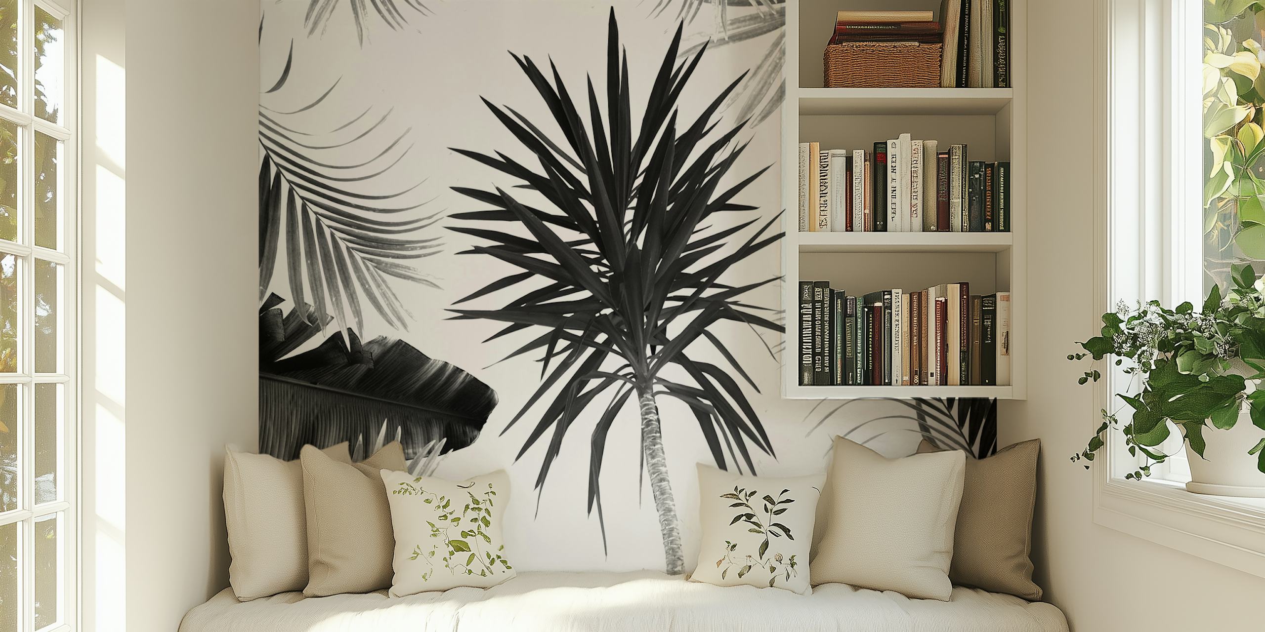 Black and white tropical leaves pattern wallpaper