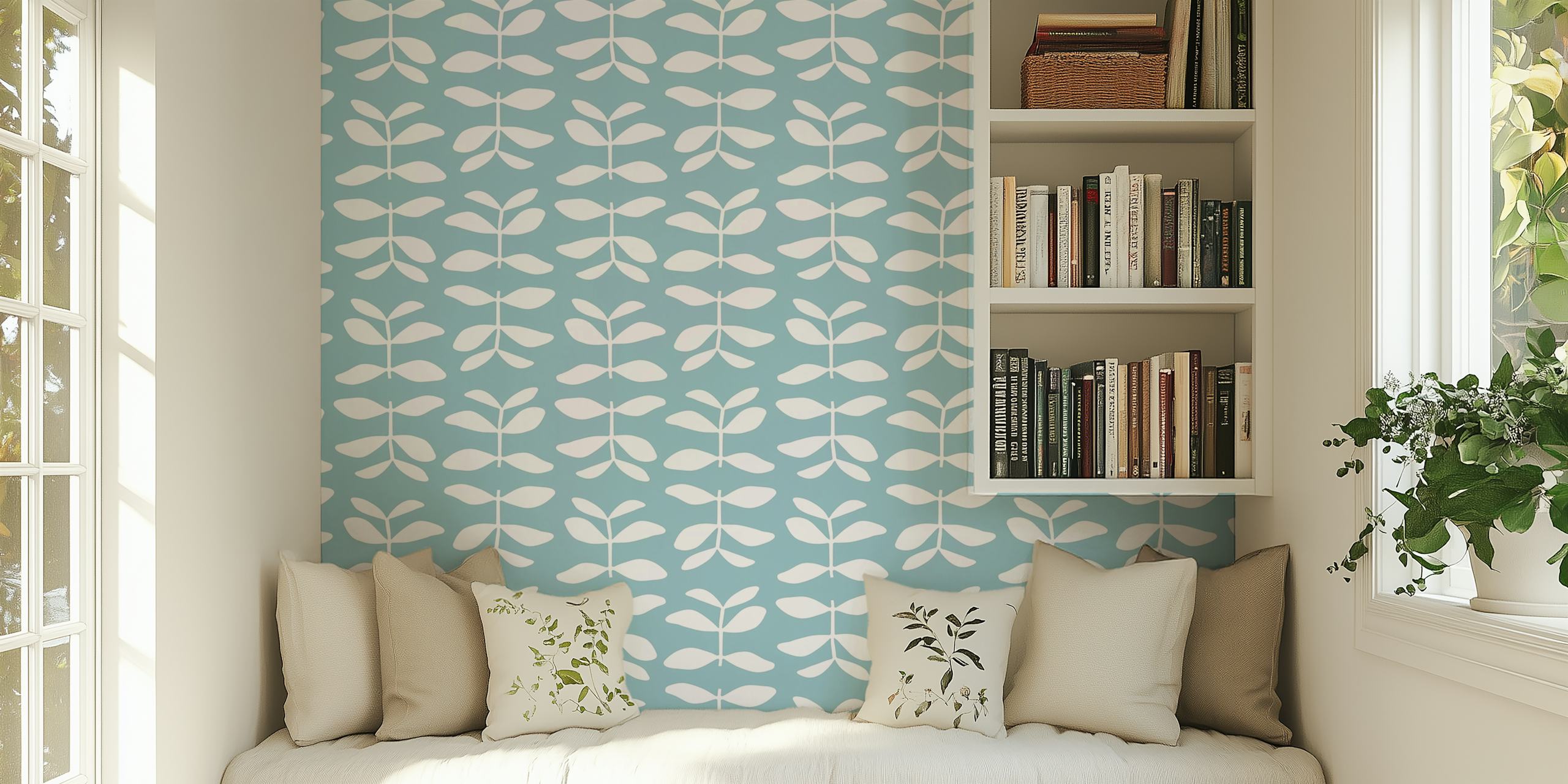 Floral pattern with white leaves on turquoise background wallpaper
