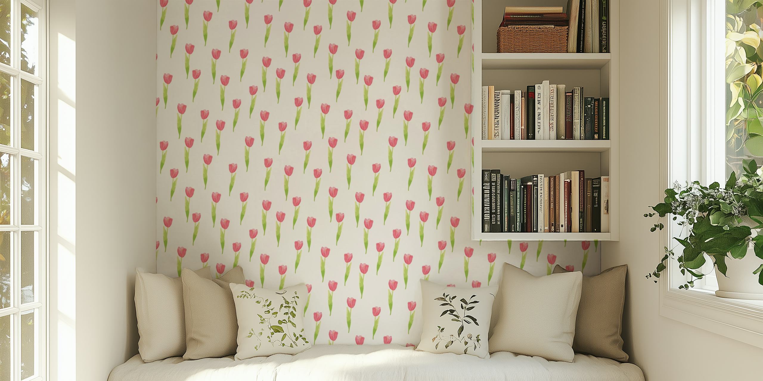 Pink tulip pattern on a light background floral wallpaper