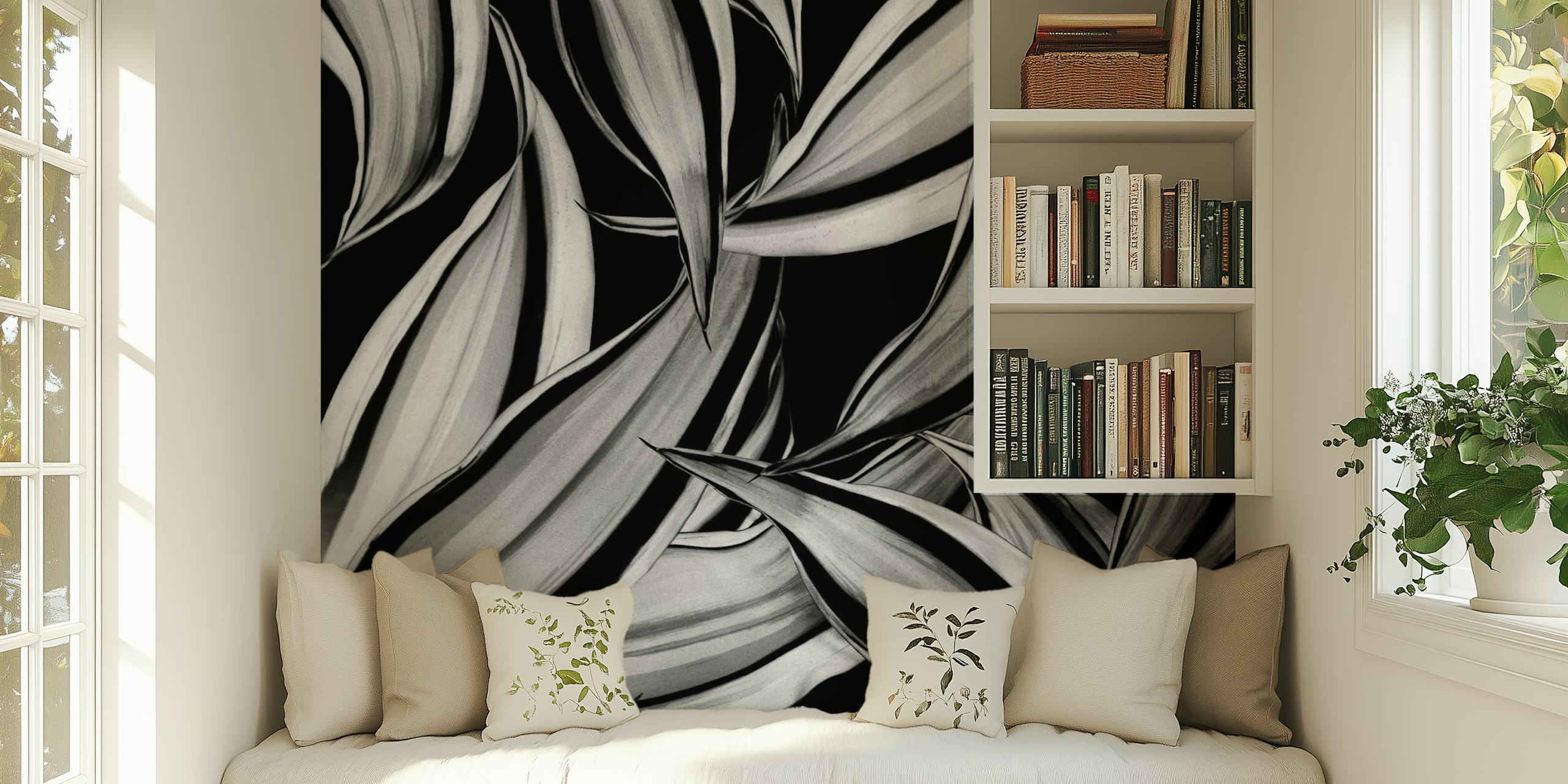 Monokrom dracaena blad tapetdesign