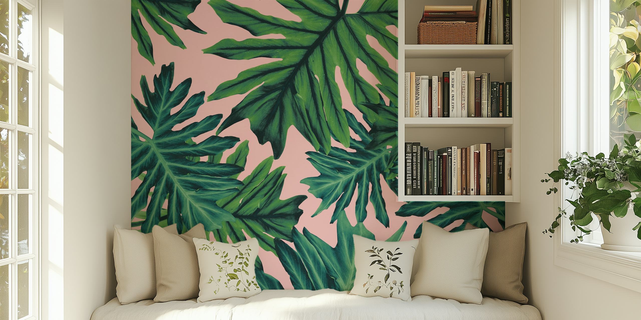 Wandbild „Tropical Jungle 2“ von Philo Hope mit grünem Laub auf rosa Hintergrund