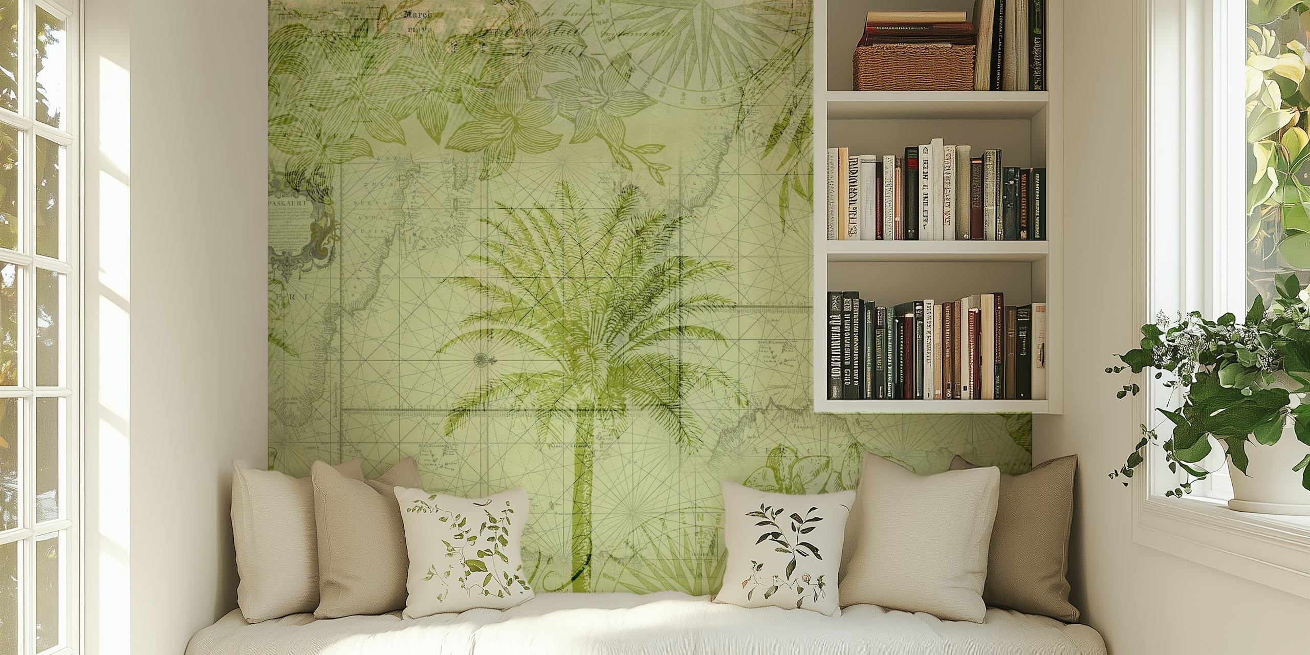 Vintage map and jungle wallpaper in a room