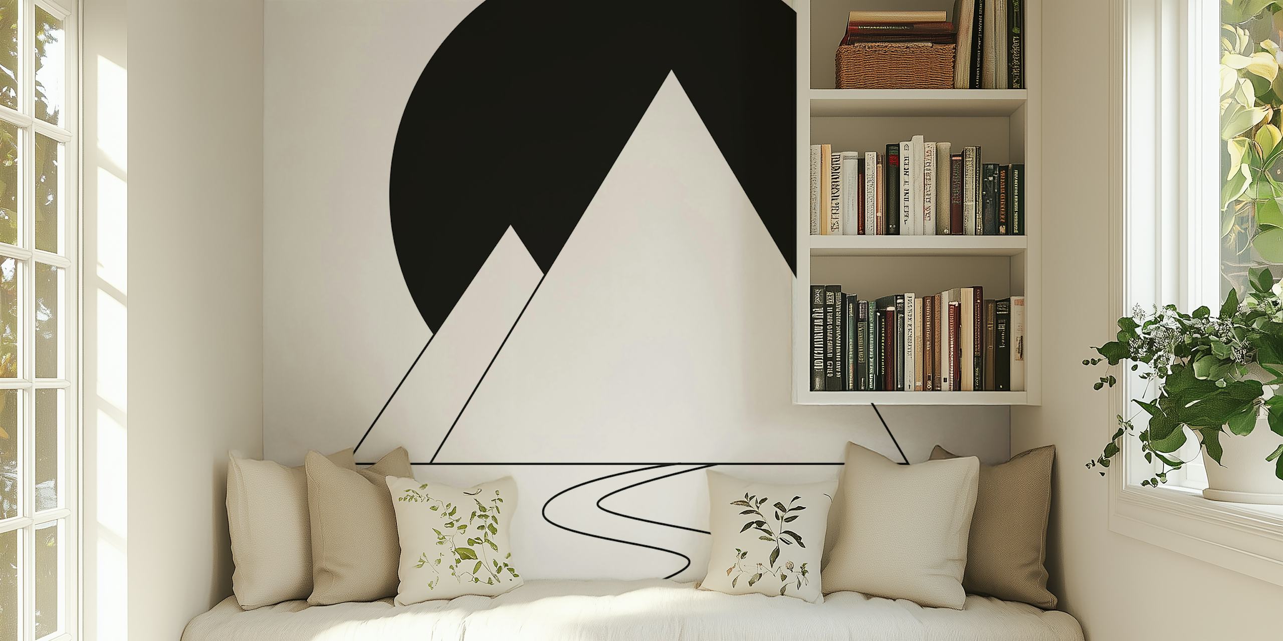 Abstrakte geometrische Wandtapete mit Bergen und Sonne in Schwarz und Weiß für moderne Innenräume