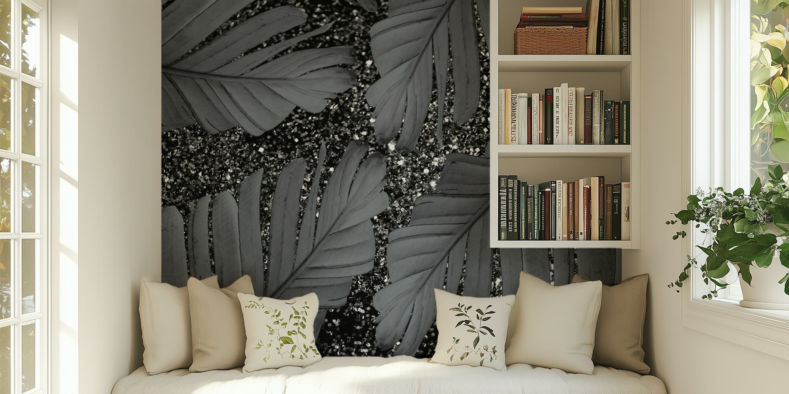 Monochromatic banana leaves with glittering details wall mural