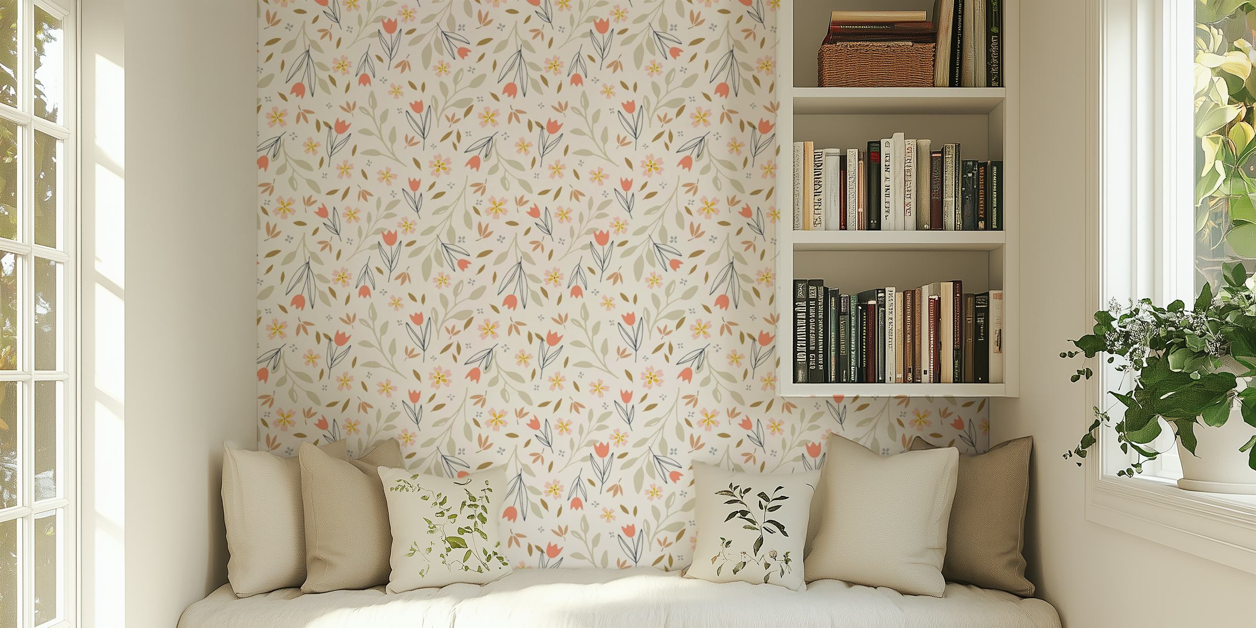 Floral design wallpaper in a bright room