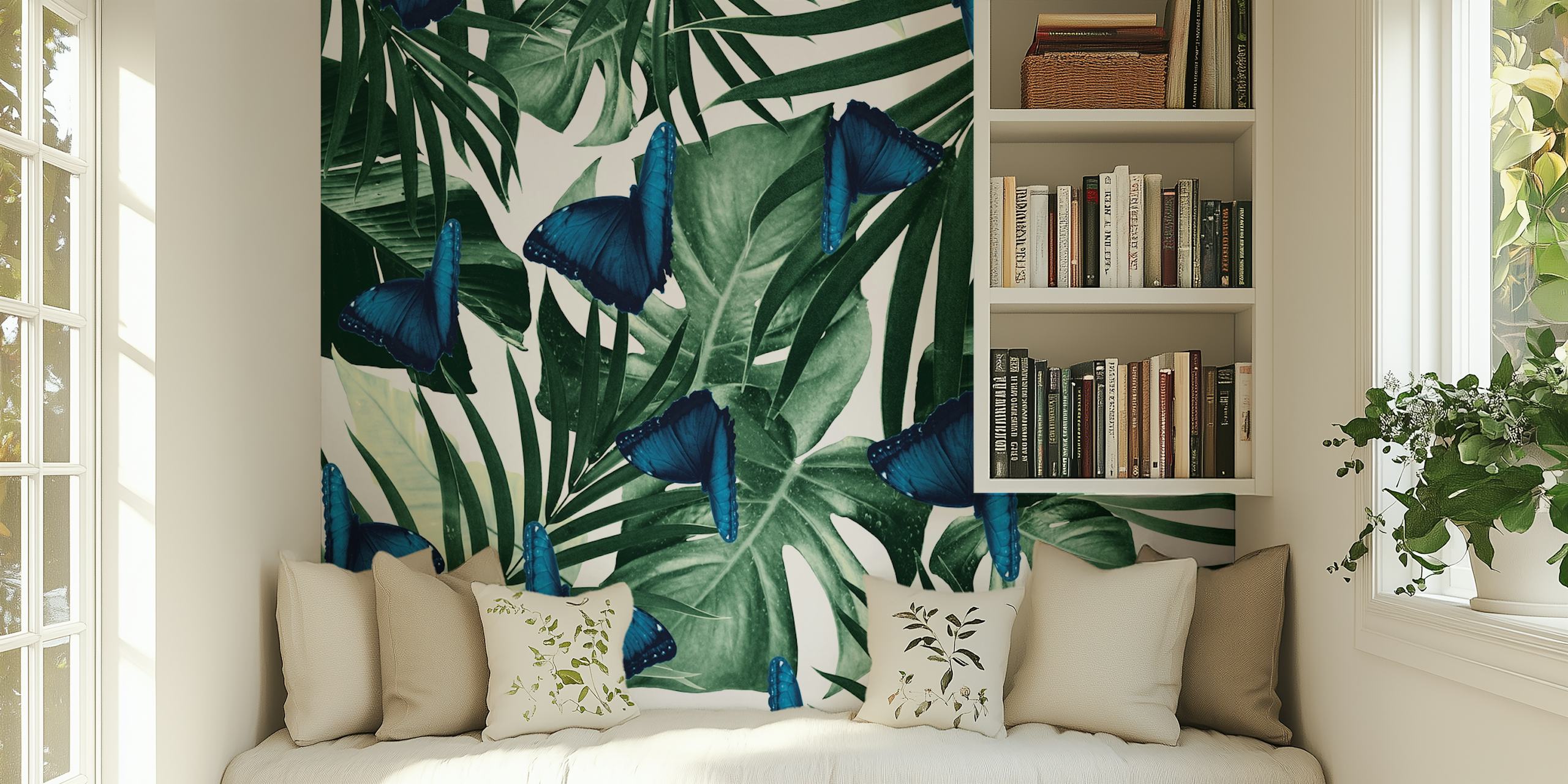 Blue butterflies on tropical jungle leaves wall mural
