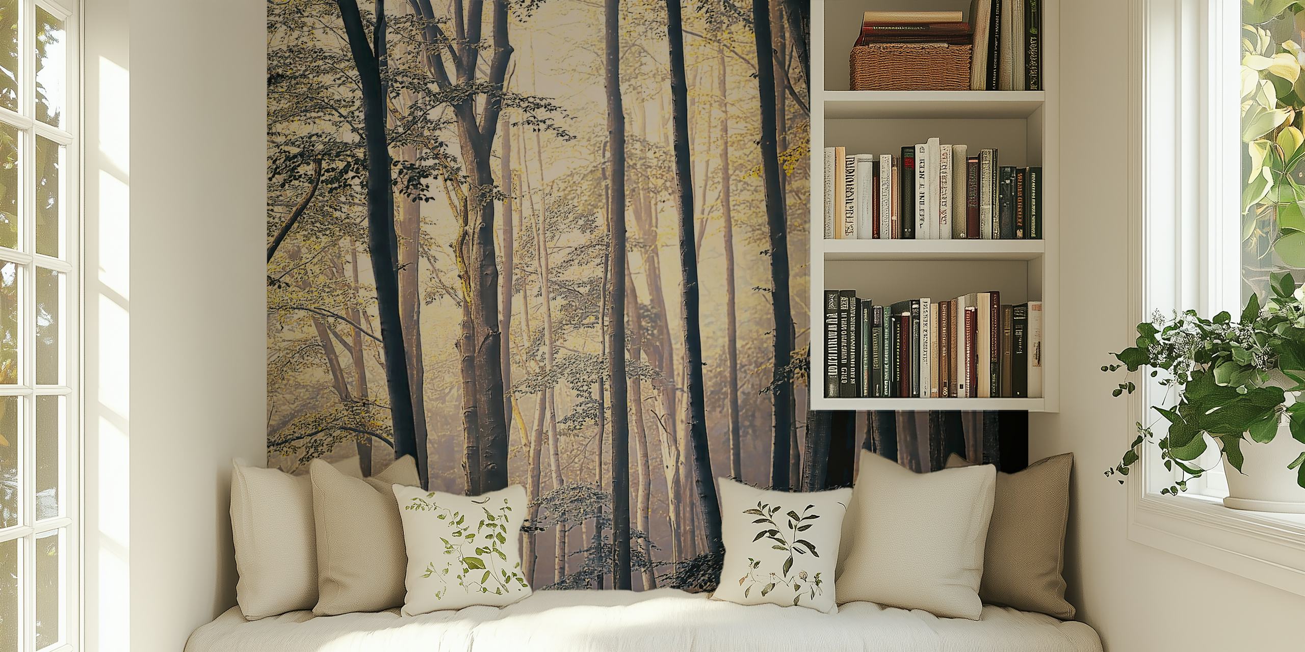 Papel de parede Foggy Forest Trees em um quarto