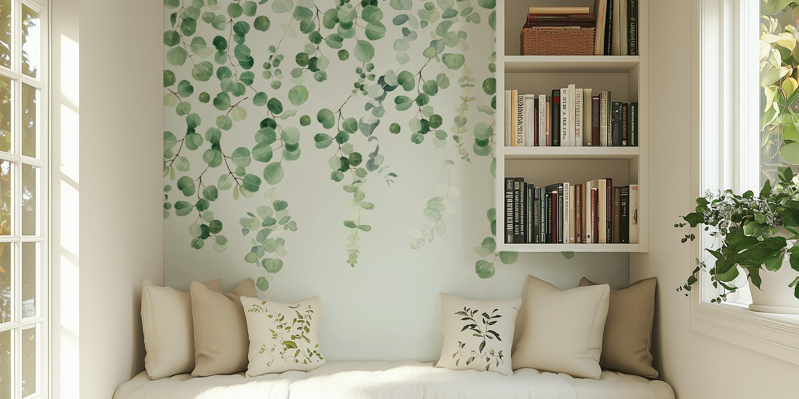 Hanging green eucalyptus leaves on a light background wallpaper