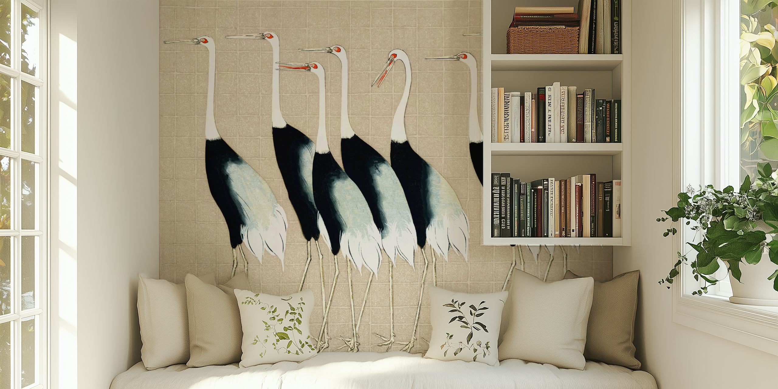 Elegante Japanse kraanvogel muurschildering op een neutrale achtergrond