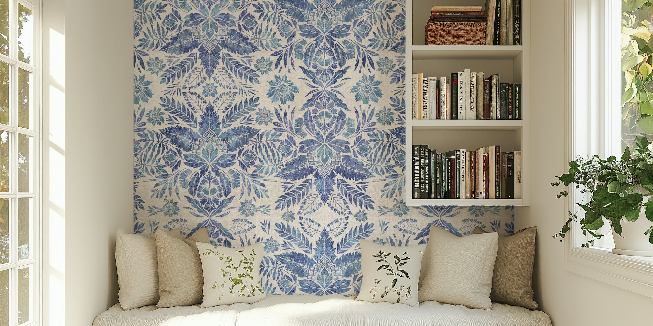 Delft blue vintage damask carta da parati in una stanza