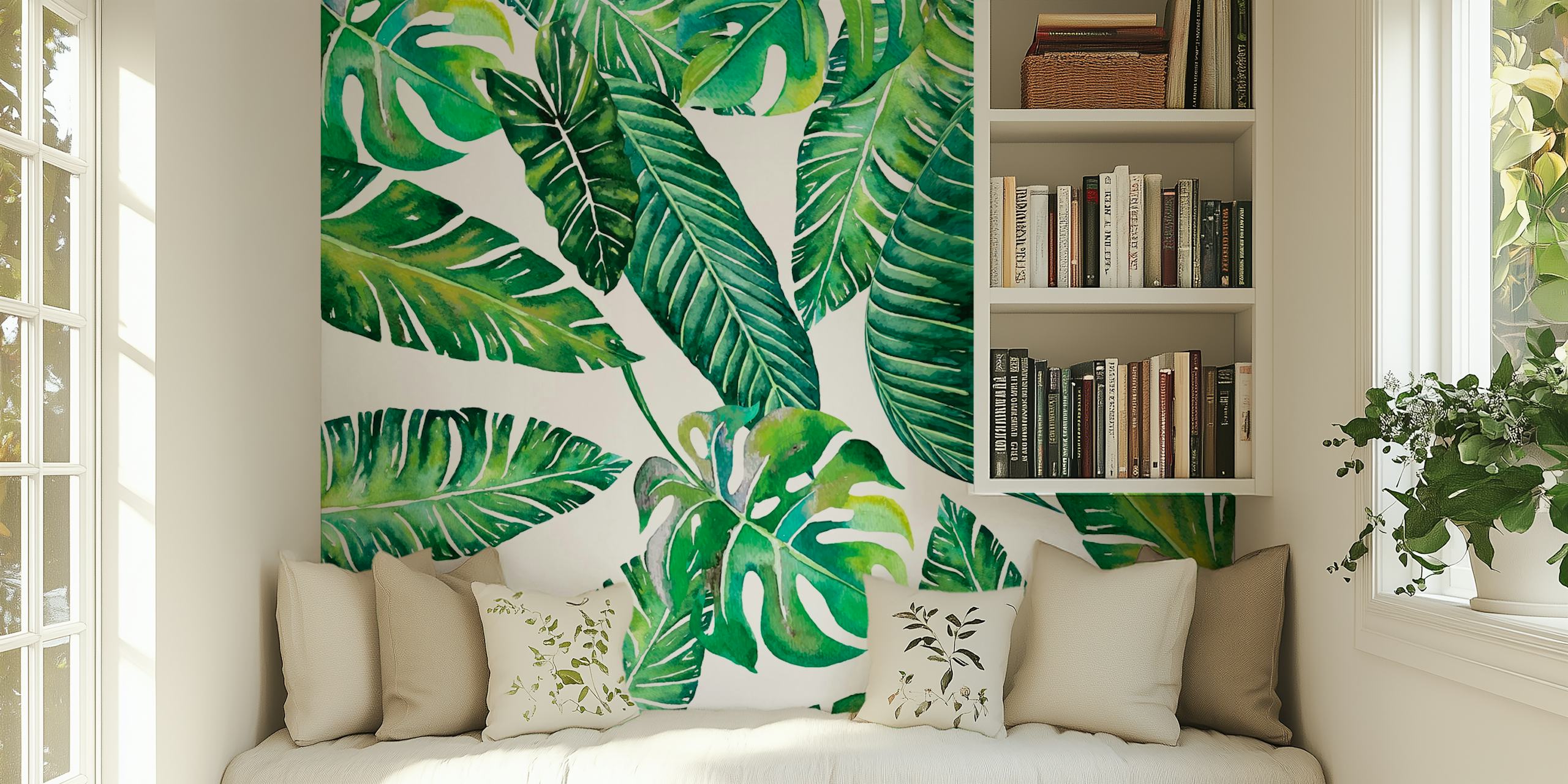 Jungle Leaves Banana Monstera papier peint dans une pièce