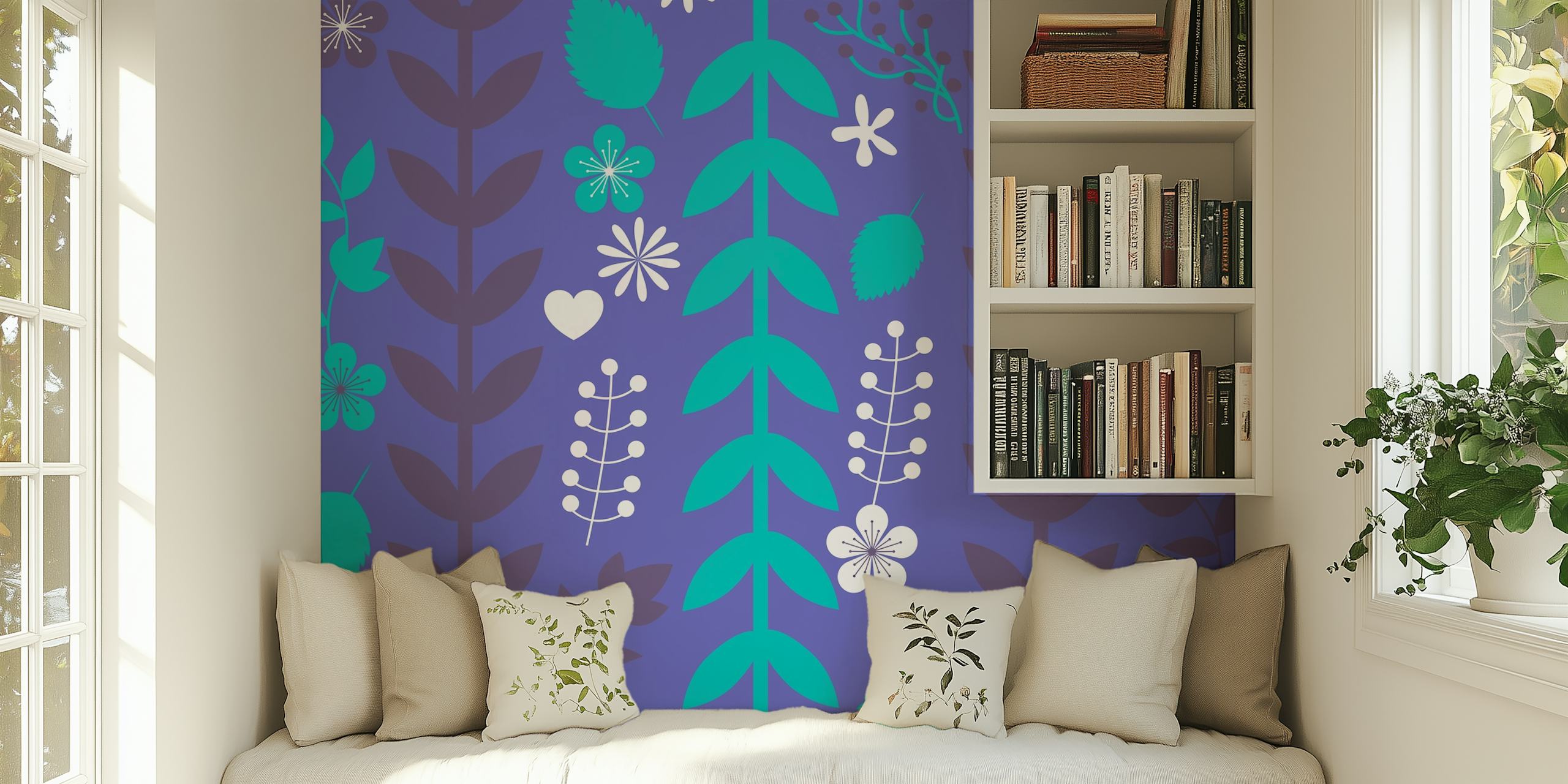 Very Peri Purple Blue Floral wallpaper in a room