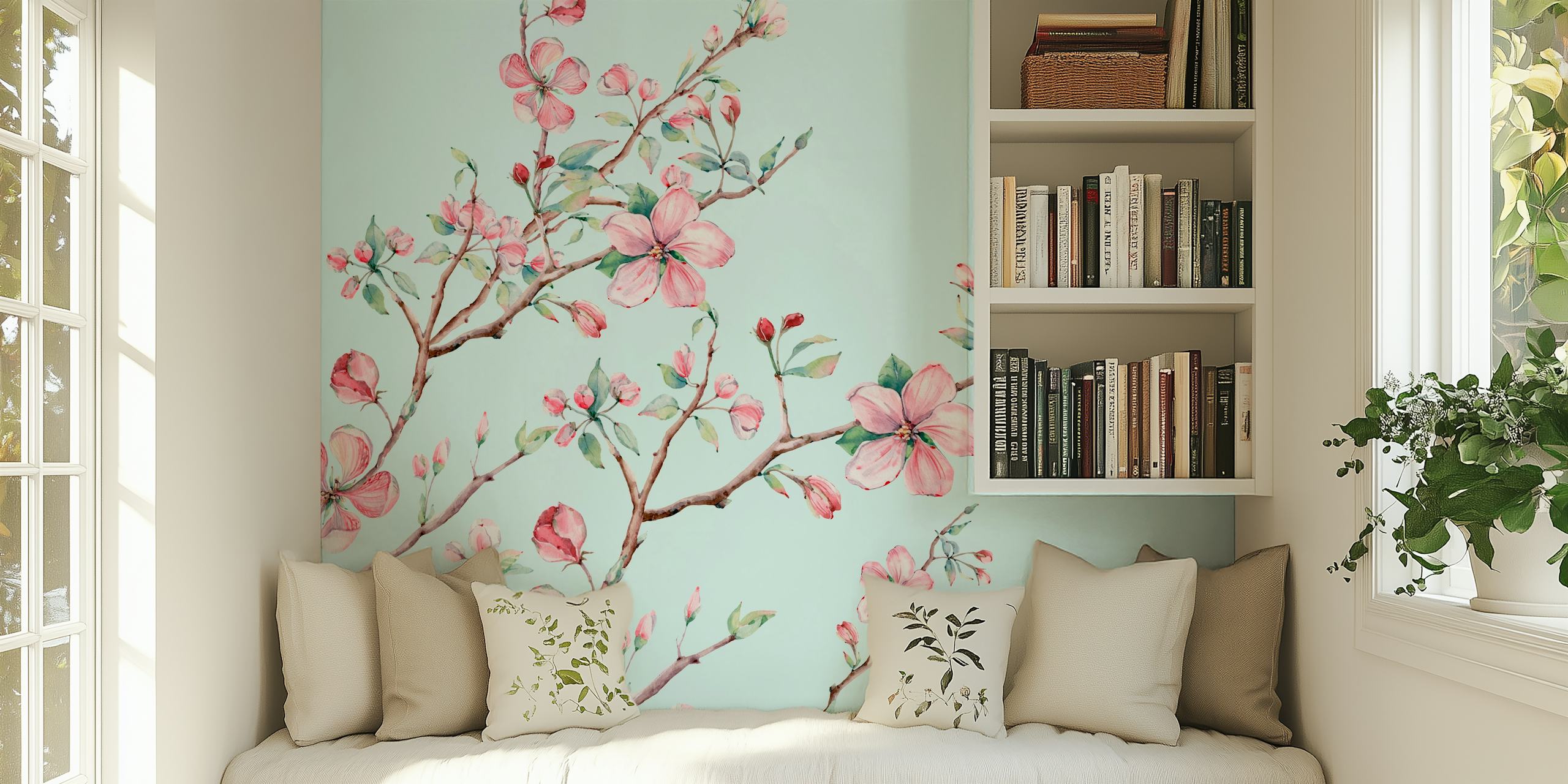 Pink floral branches with mint background wallpaper