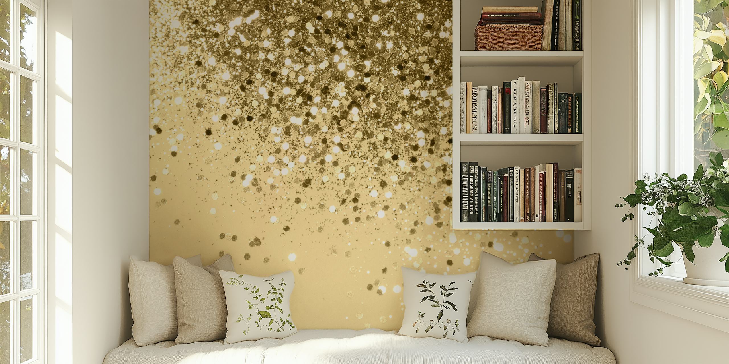 Mural de pared brillante Cali Summer Vibes que muestra motas doradas brillantes sobre un fondo neutro