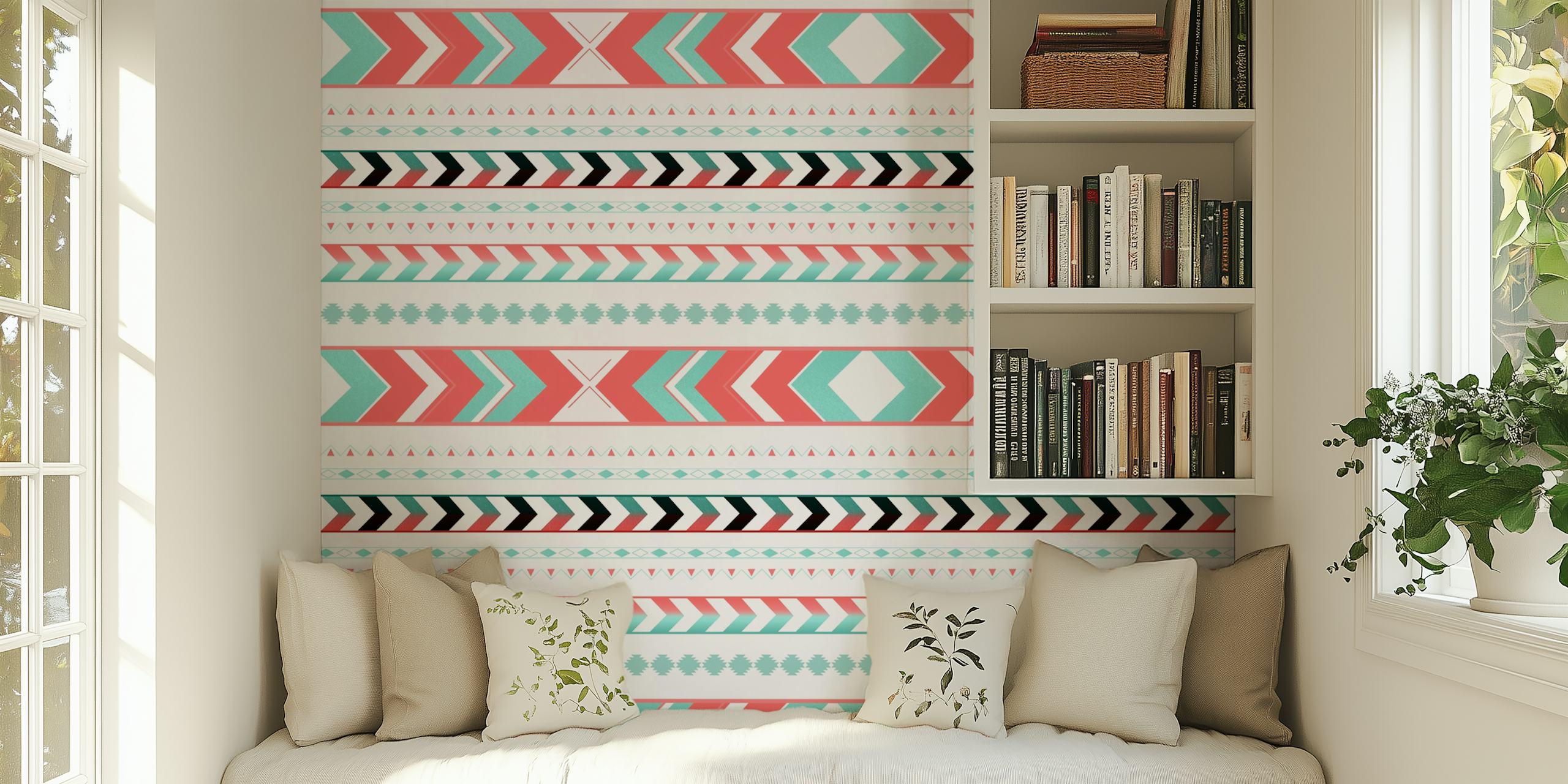 Tribal arrow pattern in coral, mint, and black on white wallpaper
