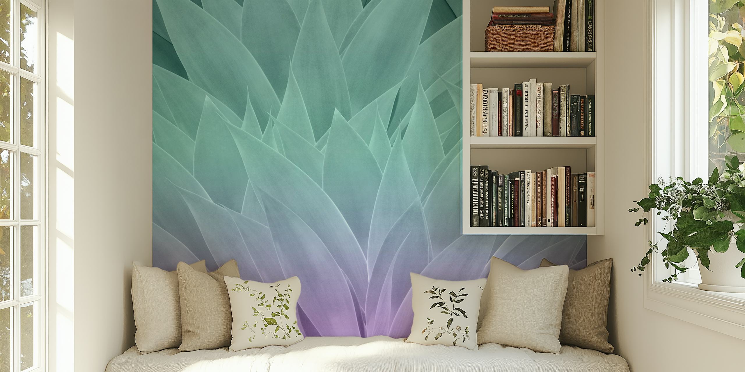Agave leaves in aqua and purple tones wallpaper