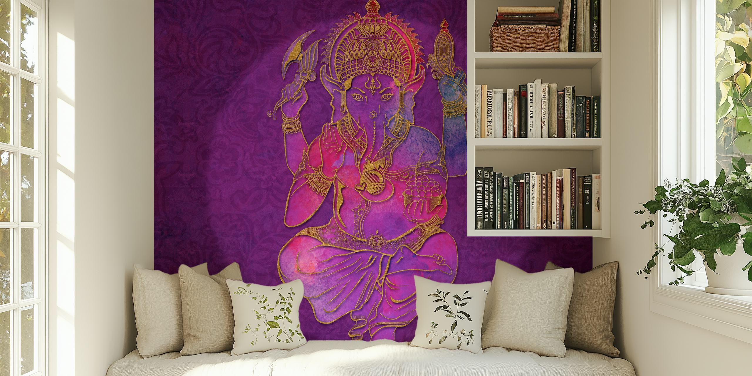 Ganesha Elephant Hindu God Wall Mural in rich purple hues for spiritual decor