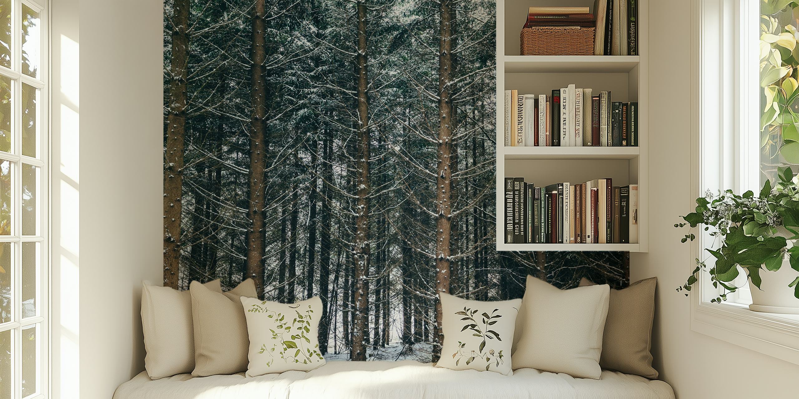 Snowy forest scene with tall trees and white snow wallpaper