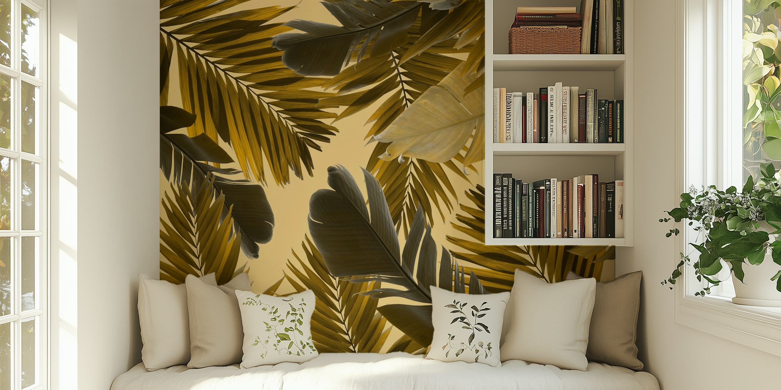Tropical leaves in shades of green on beige background wallpaper