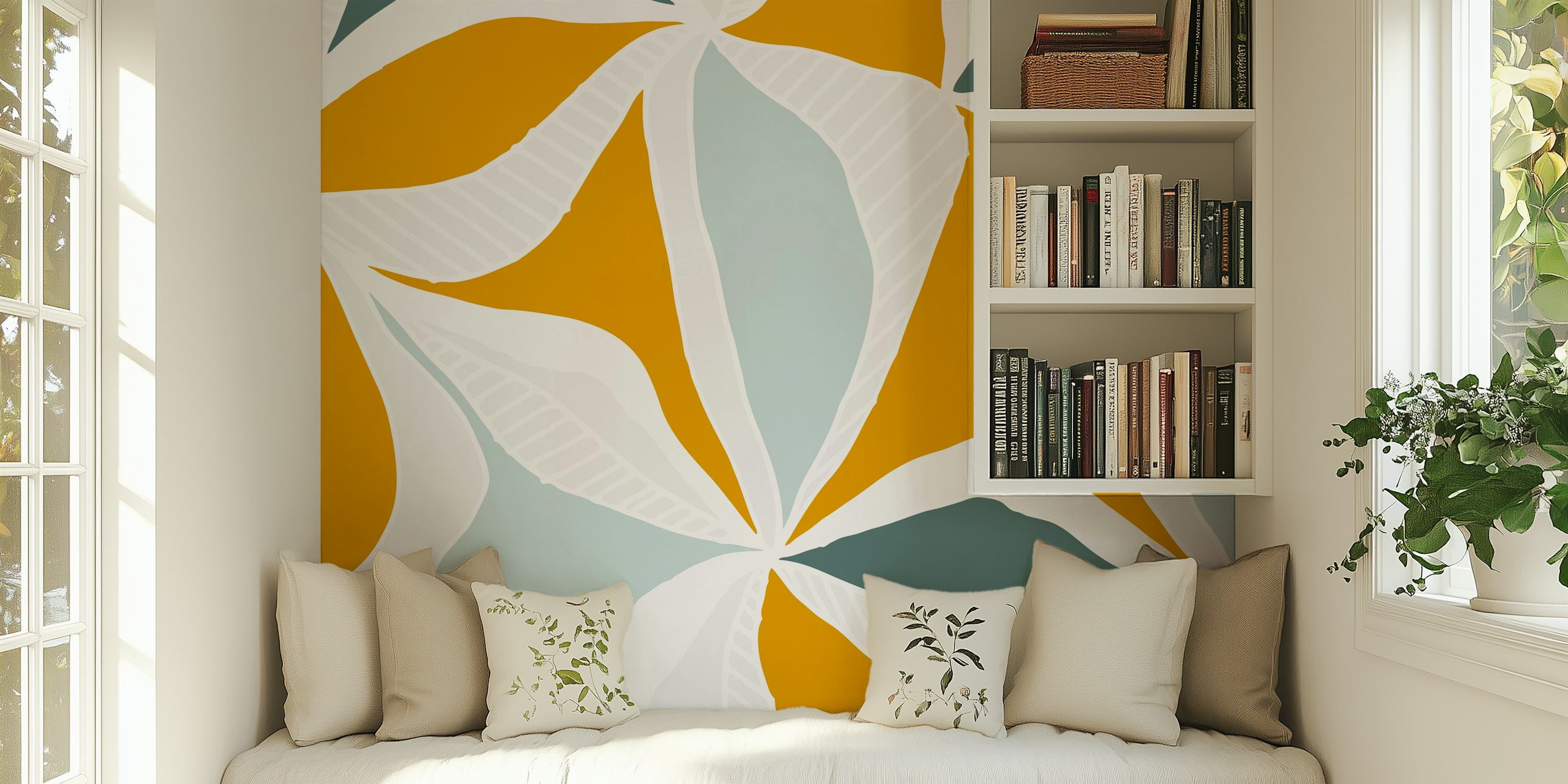 Modern floral leaf design in teal and white on mustard wallpaper