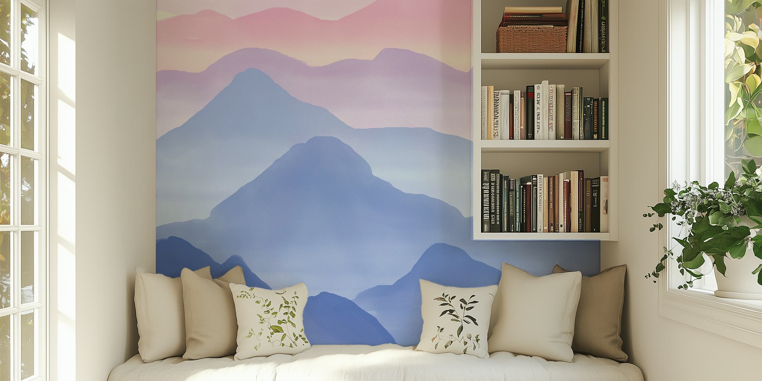 Watercolor mountains in blue and pink tones wallpaper