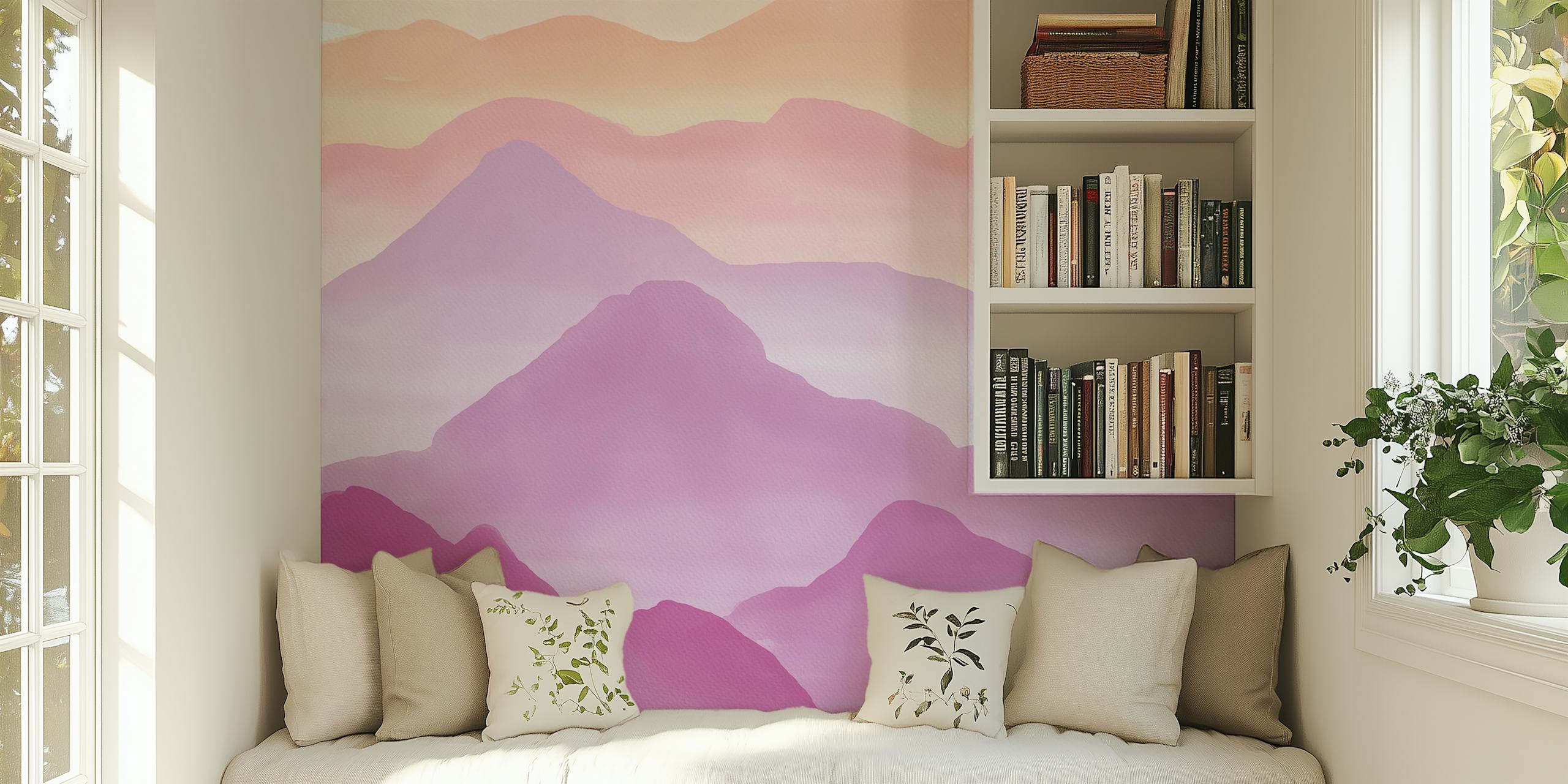 Purple watercolor mountains tapetti huoneessa