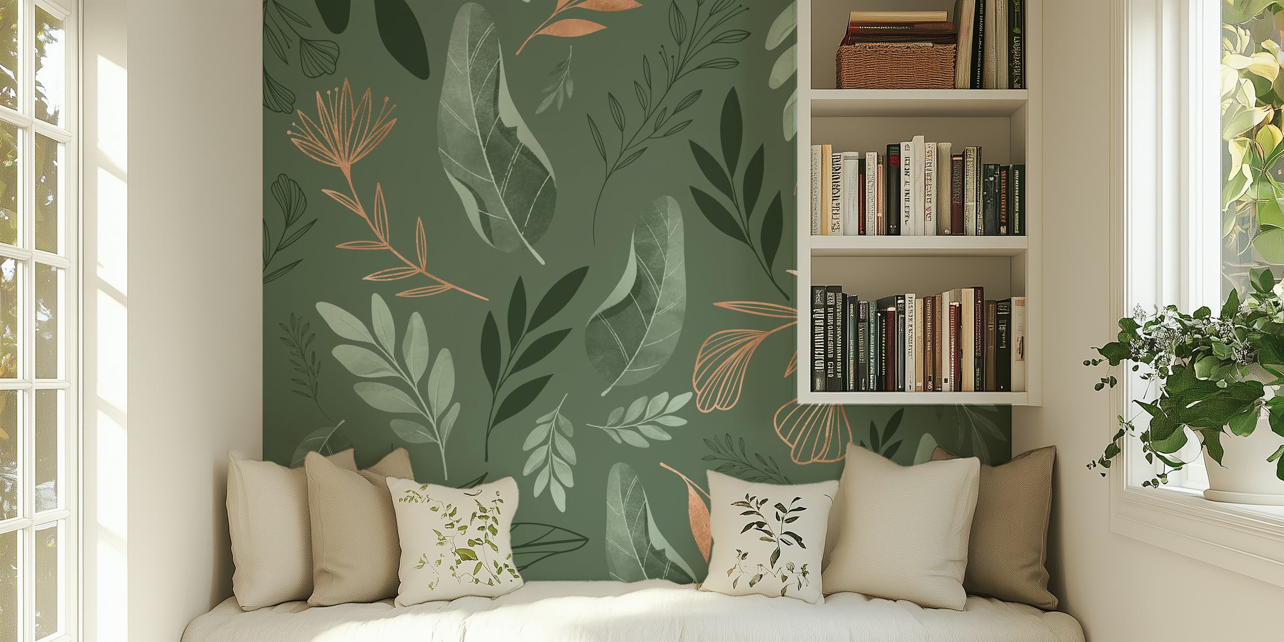 Mural de pared Leaf Line Green con follaje estilizado sobre un fondo apagado