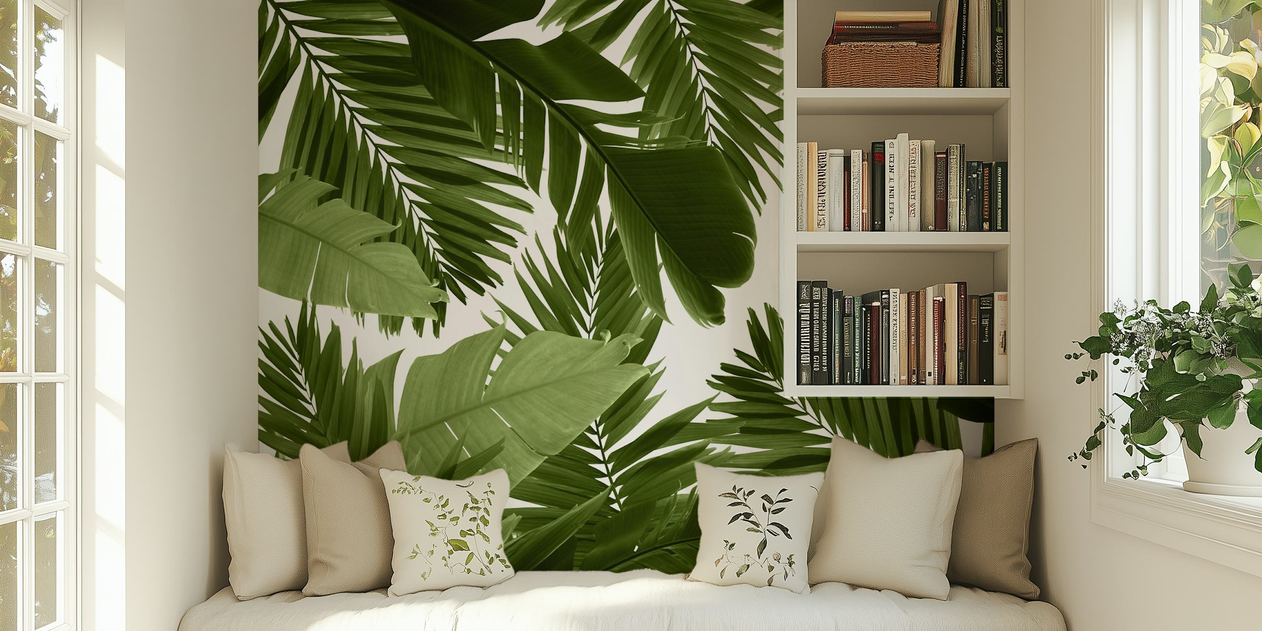 Tropical green palm leaves on a white background wallpaper