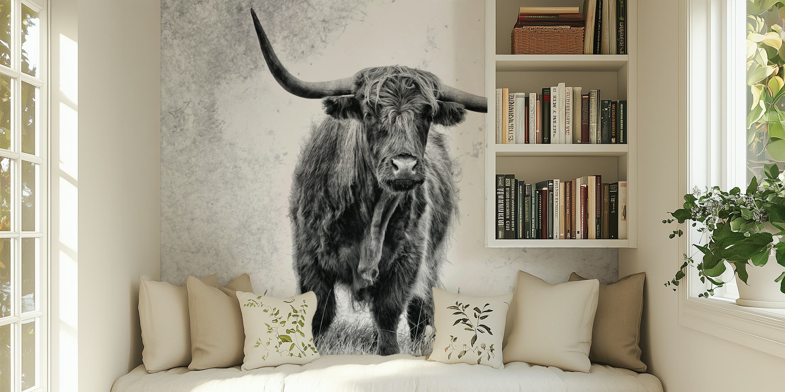 Highland cow wallpaper in a room