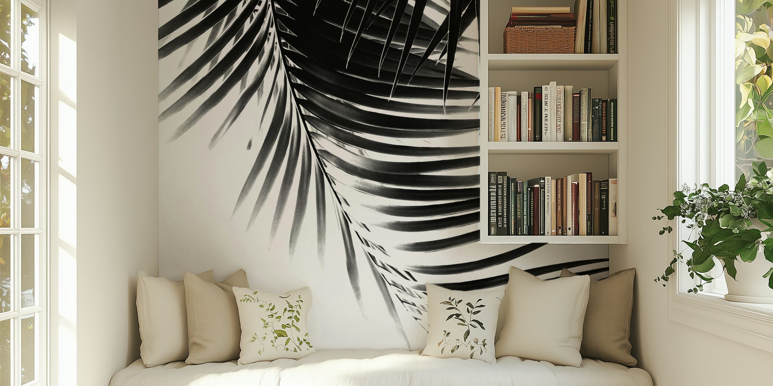 Palm Leaves Black 1 wallpaper in a room setting