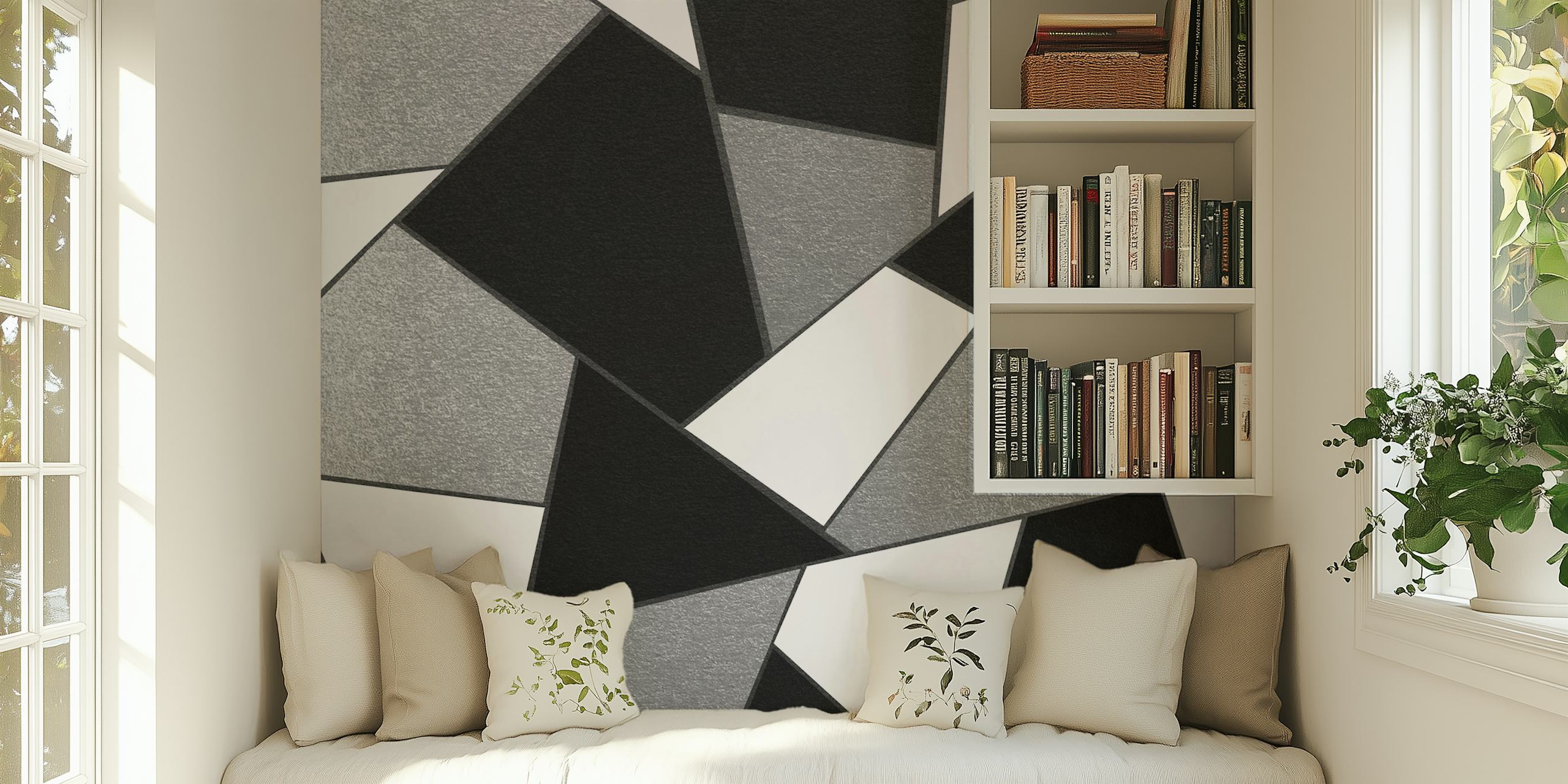 Geometric patterned wallpaper in silver, black, and white colors
