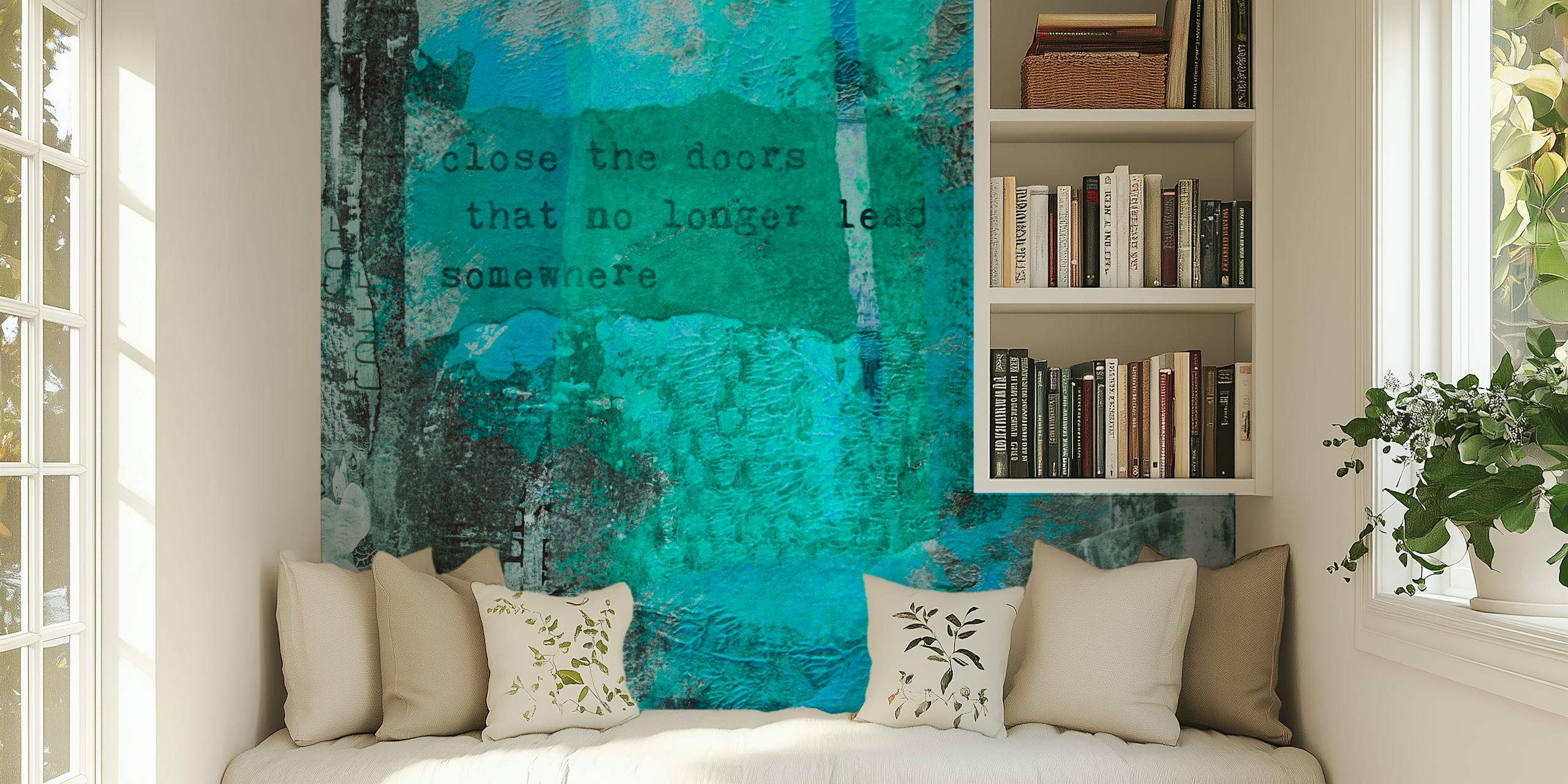 Abstrakcyjna fototapeta „Close The Door Artwork” zawierająca tekst i elementy mieszane w odcieniach błękitu i szarości.