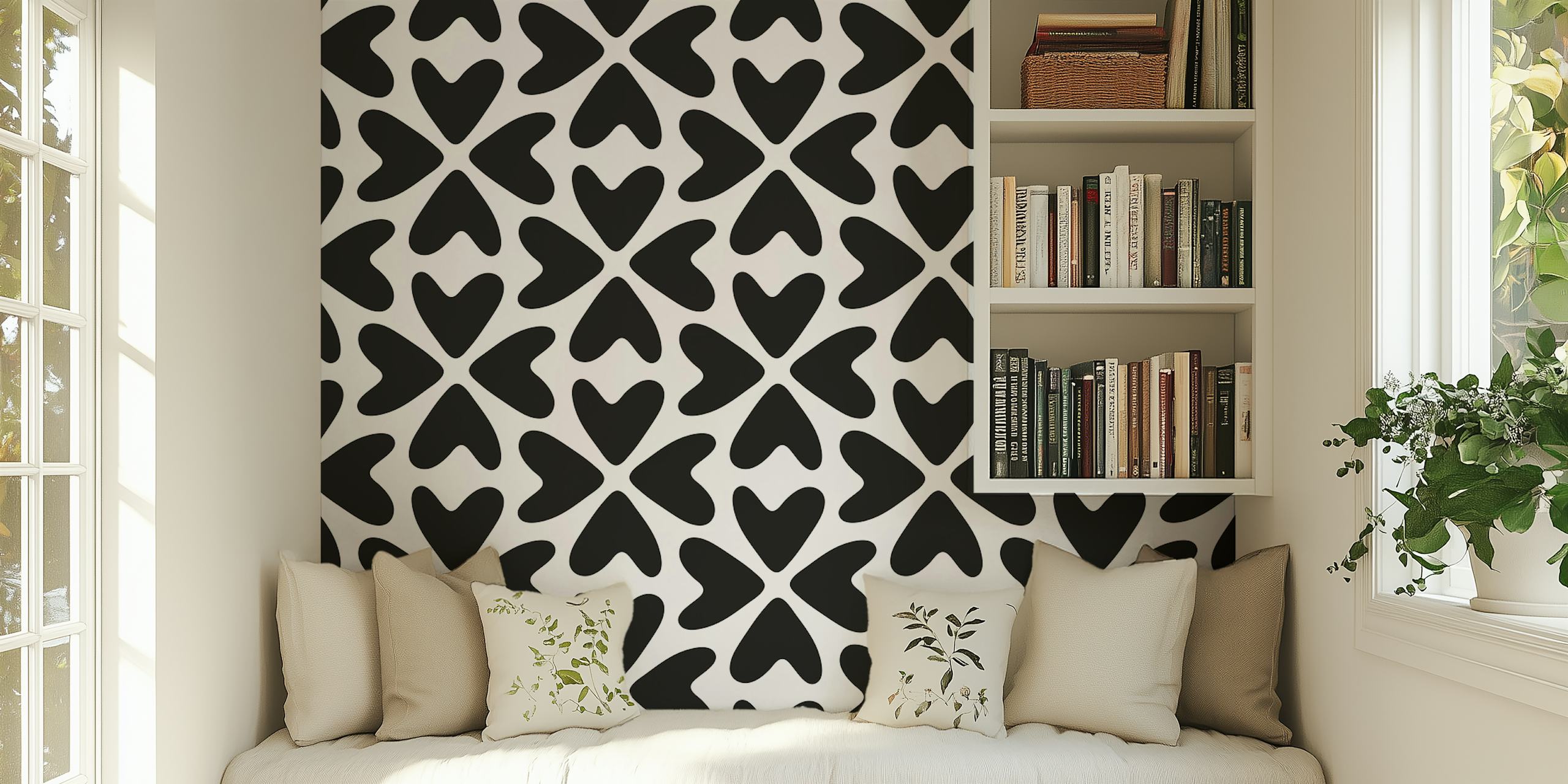 Black and white floral pattern wallpaper with heart shapes