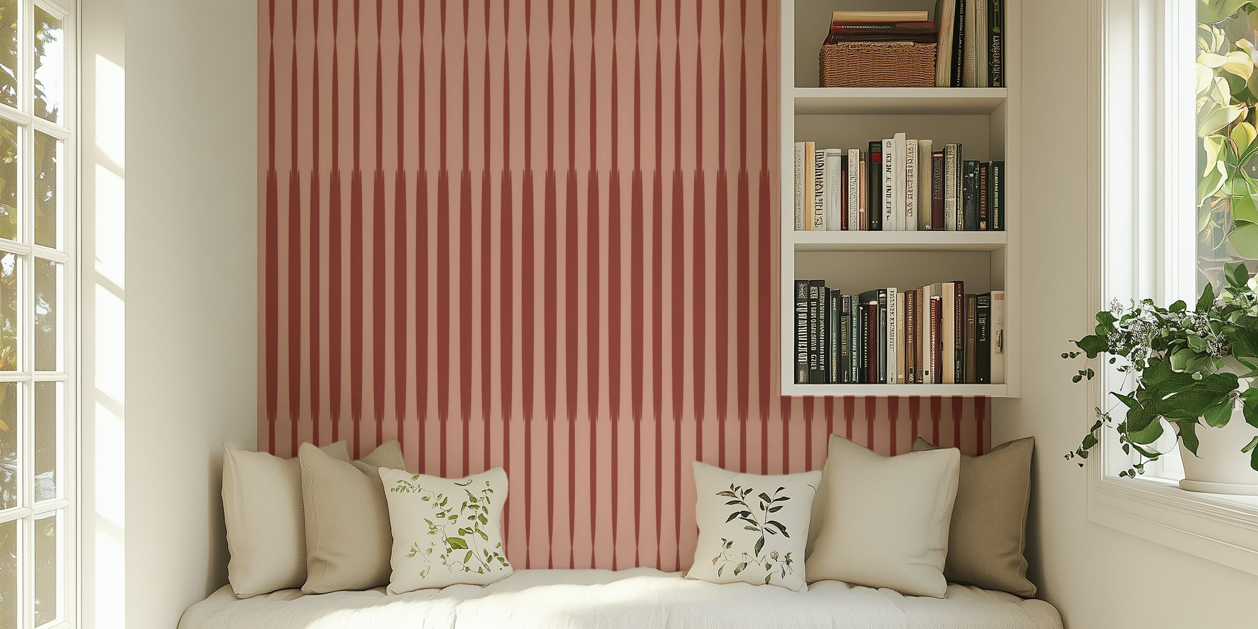 Minimalist blush-toned wall mural with vertical line pattern inspired by Japanese aesthetics