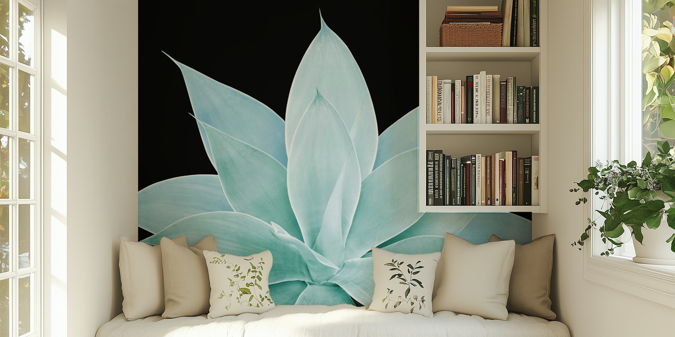 Green agave plant leaves on a black background wallpaper